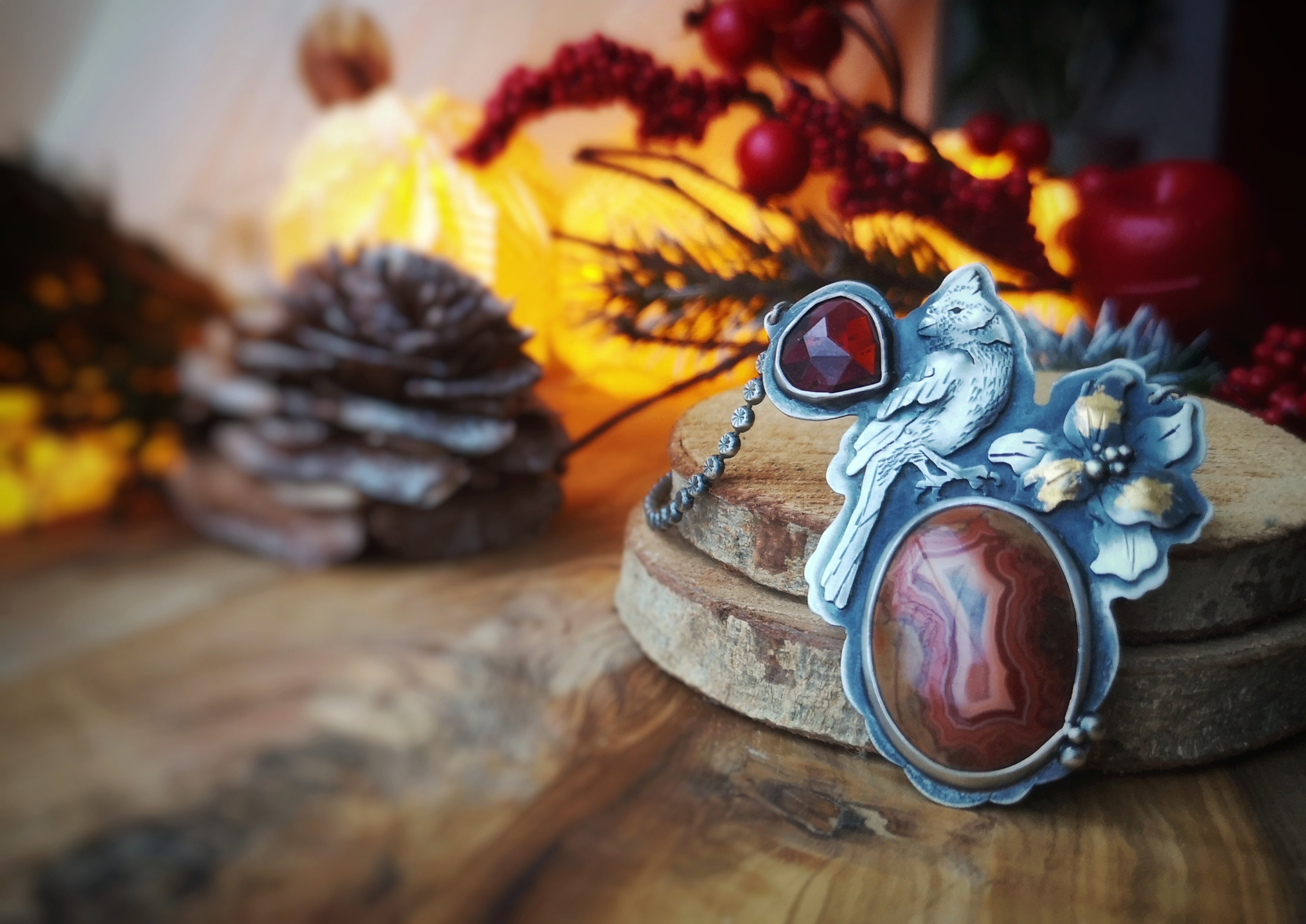 Spiritual Messenger Necklace--Red Cardinal, Agate & Garnet Necklace