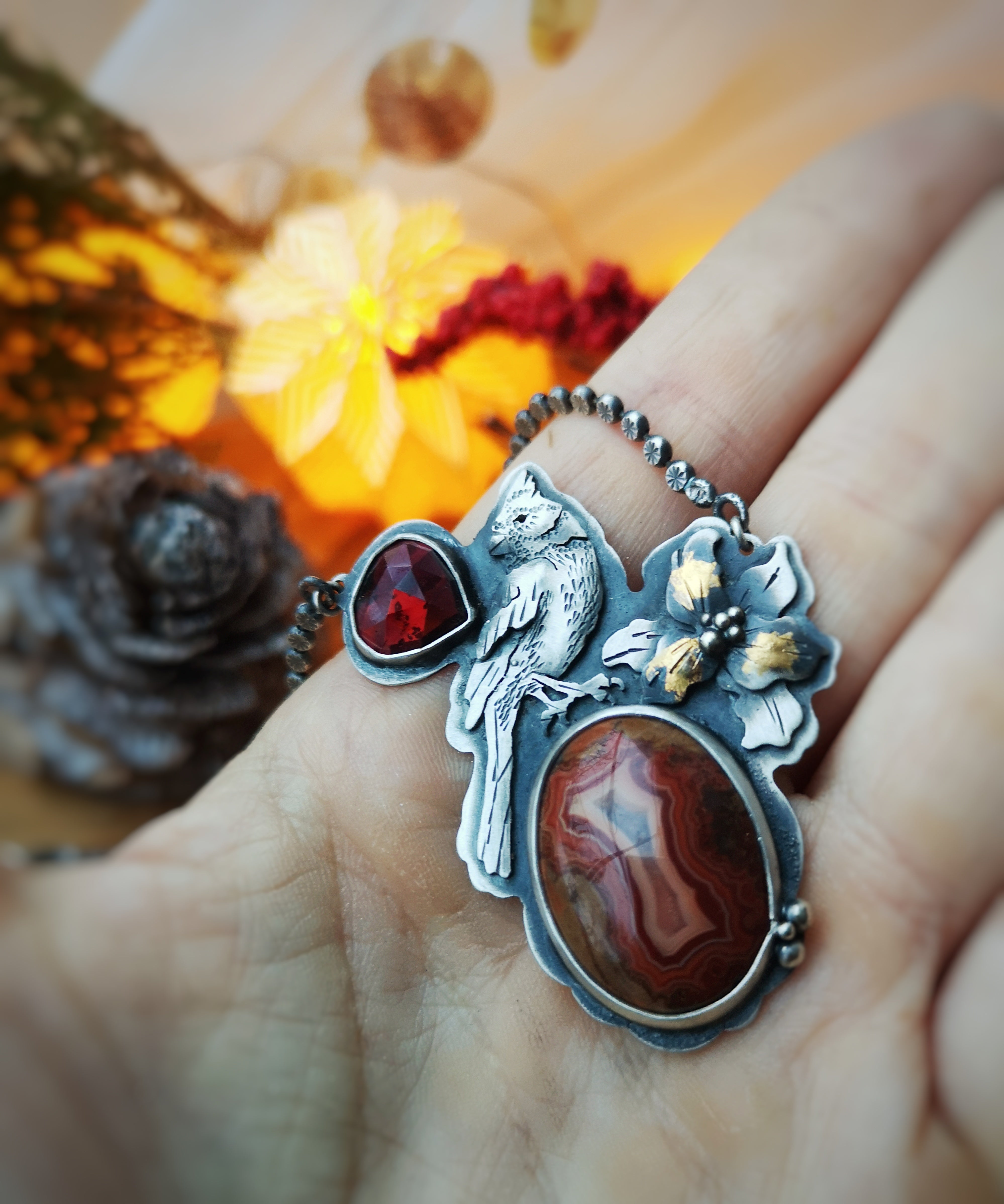 Spiritual Messenger Necklace--Red Cardinal, Agate & Garnet Necklace