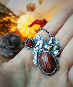 Spiritual Messenger Necklace--Red Cardinal, Agate & Garnet Necklace