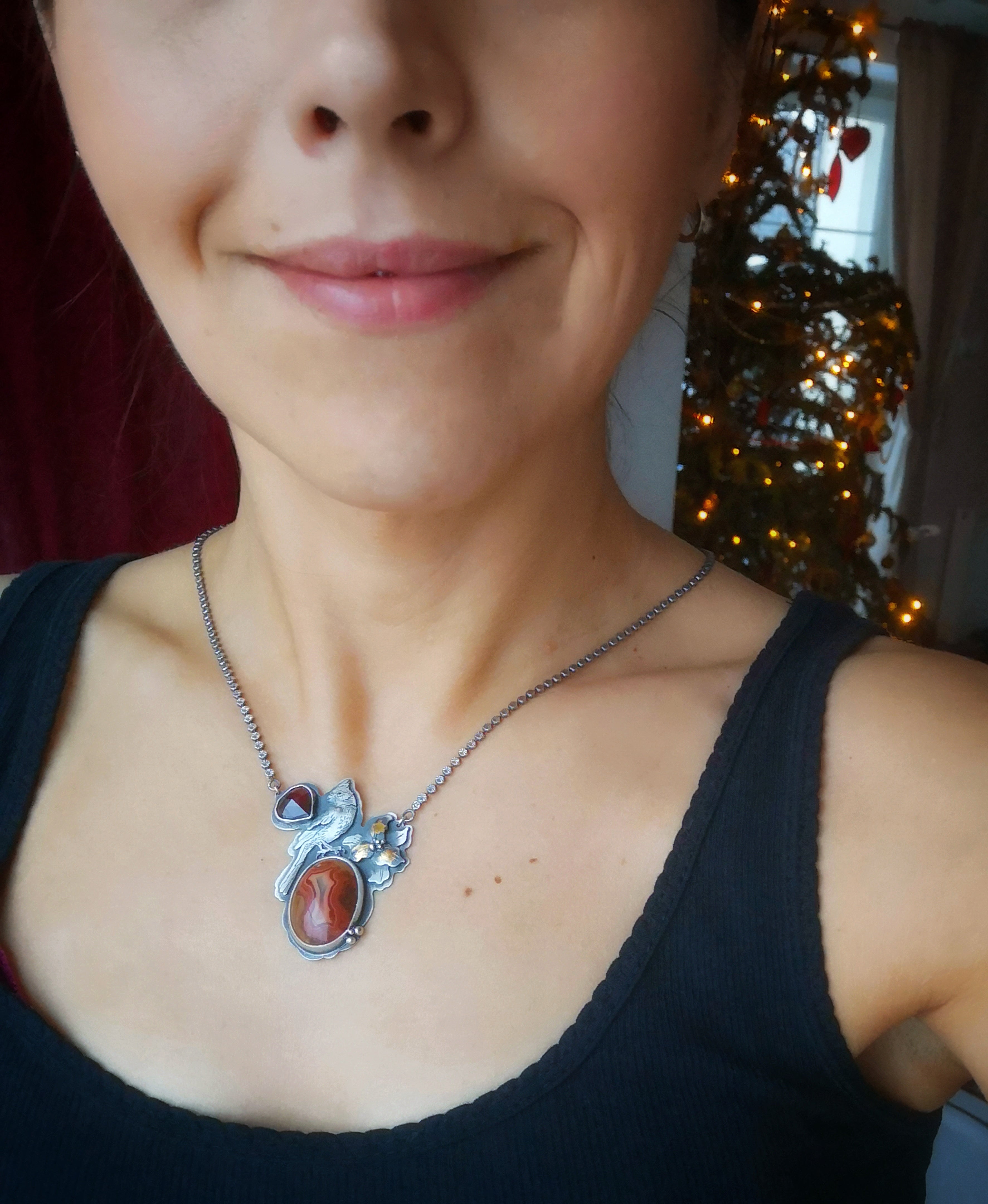 Spiritual Messenger Necklace--Red Cardinal, Agate & Garnet Necklace