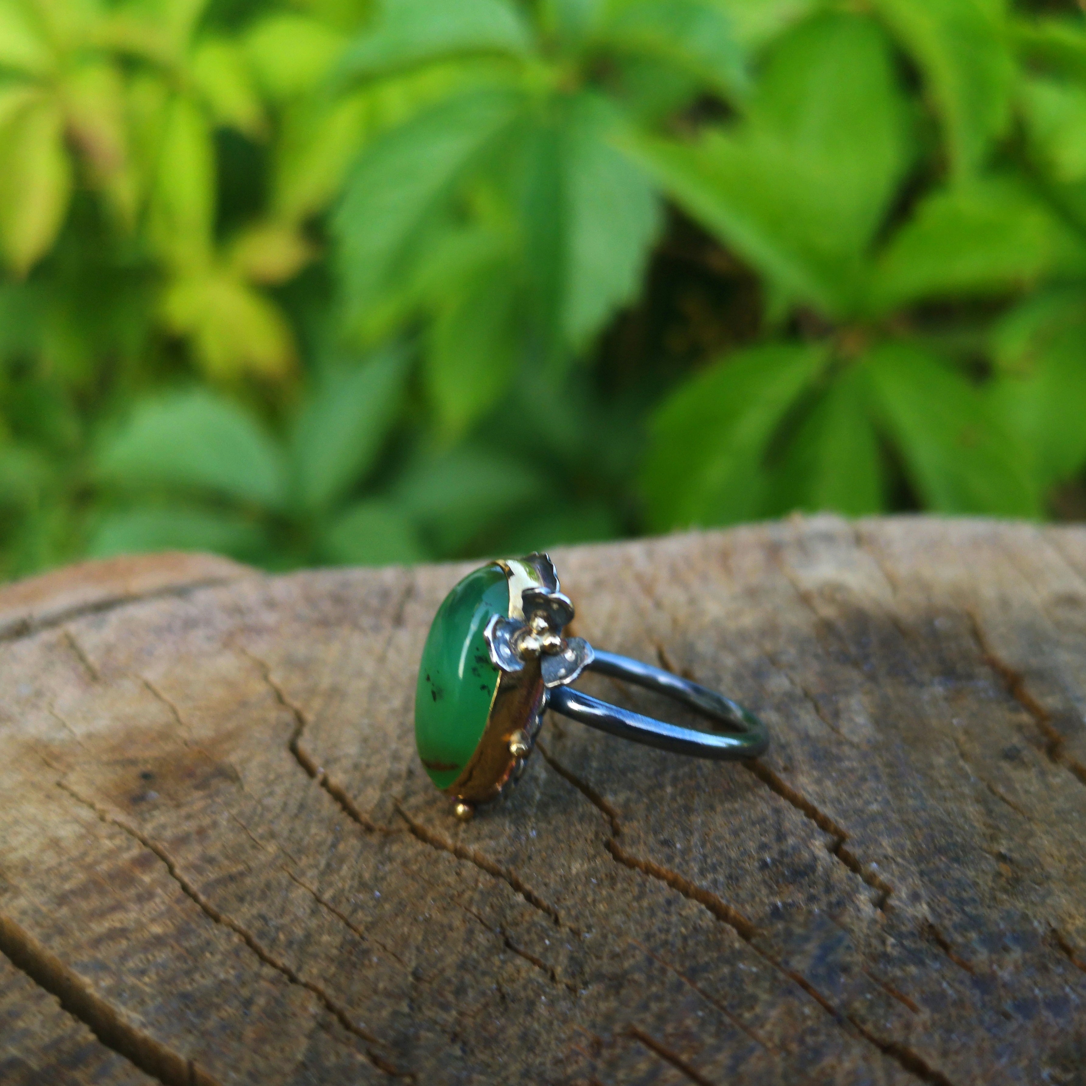 A Summer Night Ring - 22K Gold & Silver Chrysoprase