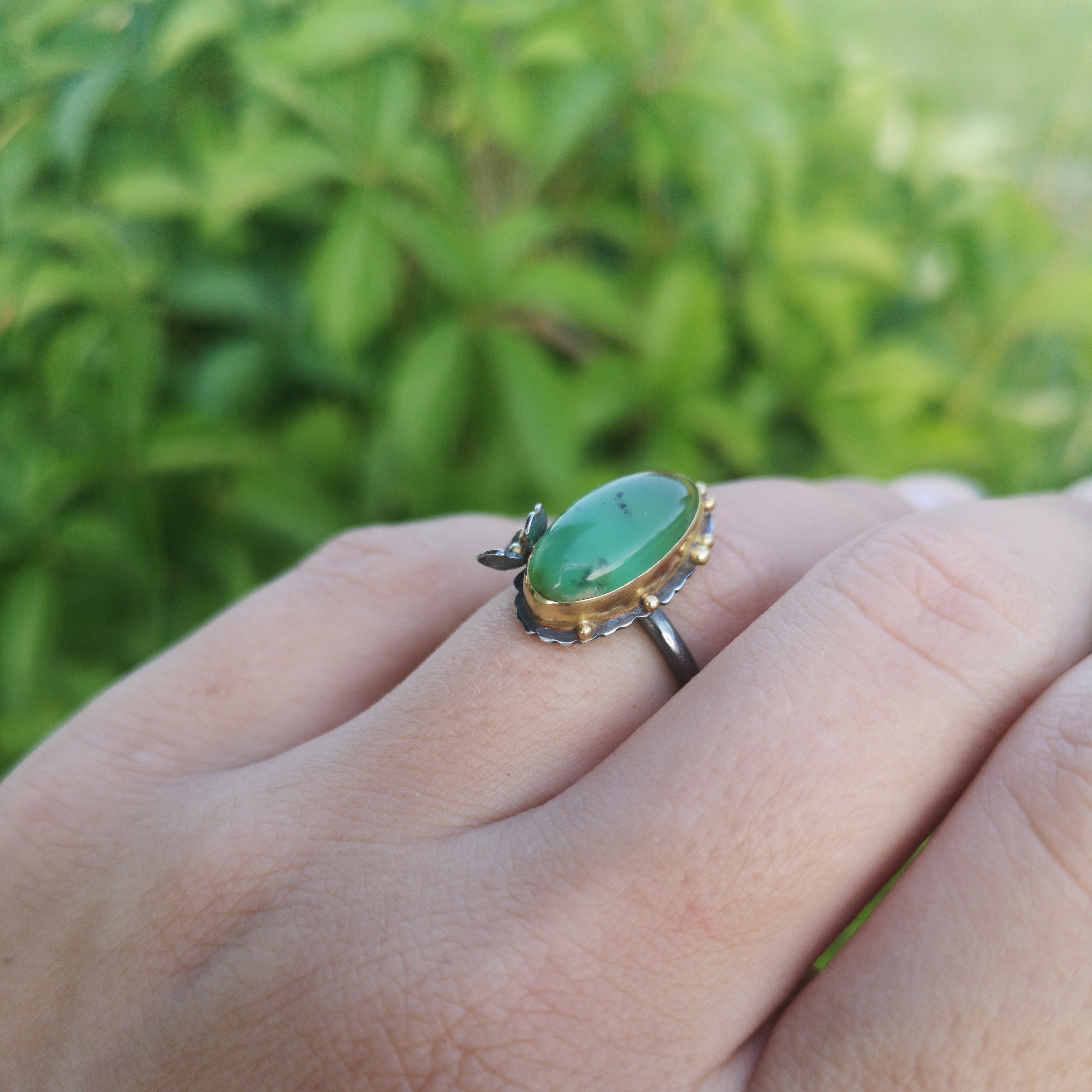 A Summer Night Ring - 22K Gold & Silver Chrysoprase