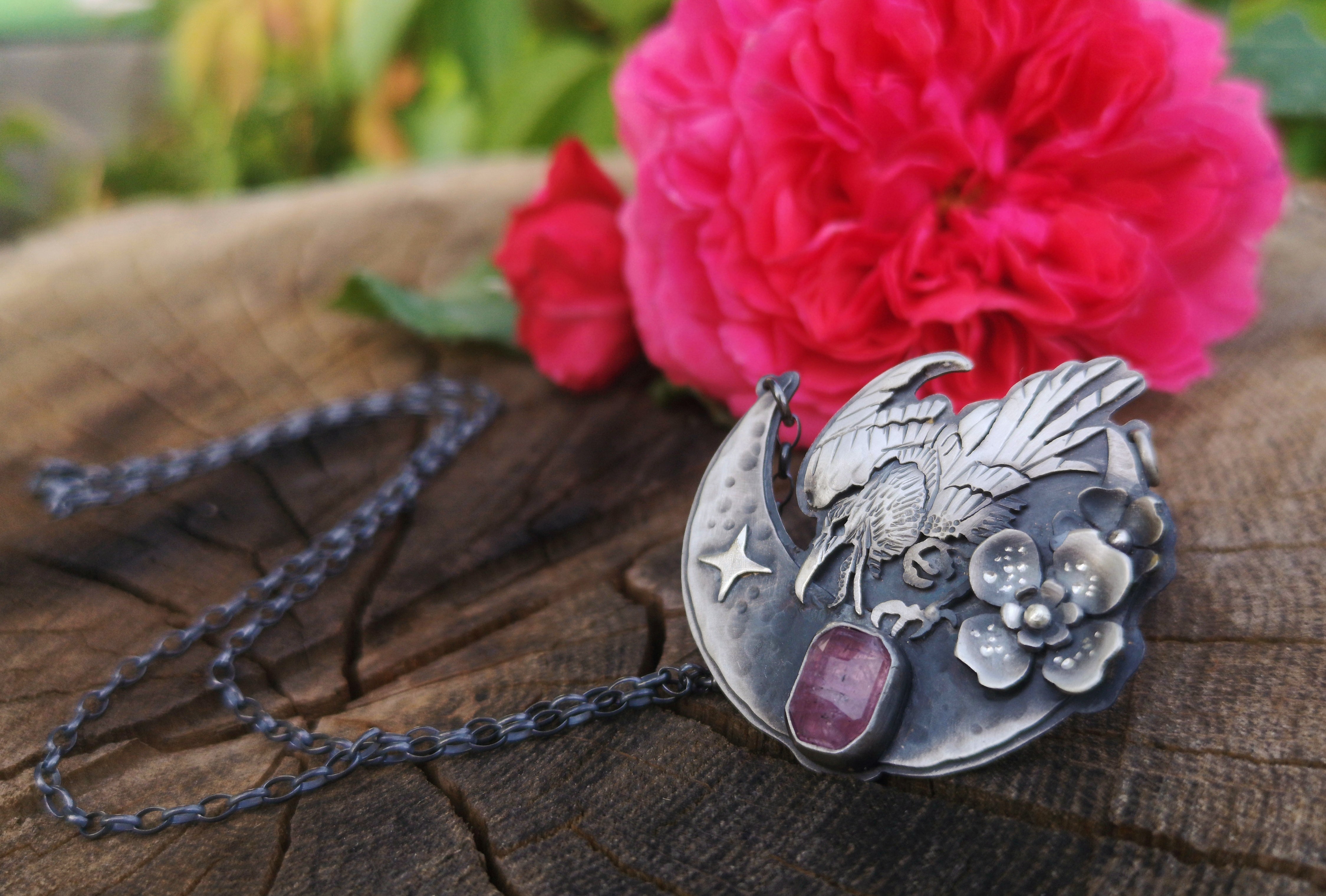 The Moon Raven Necklace with Pink Tourmaline