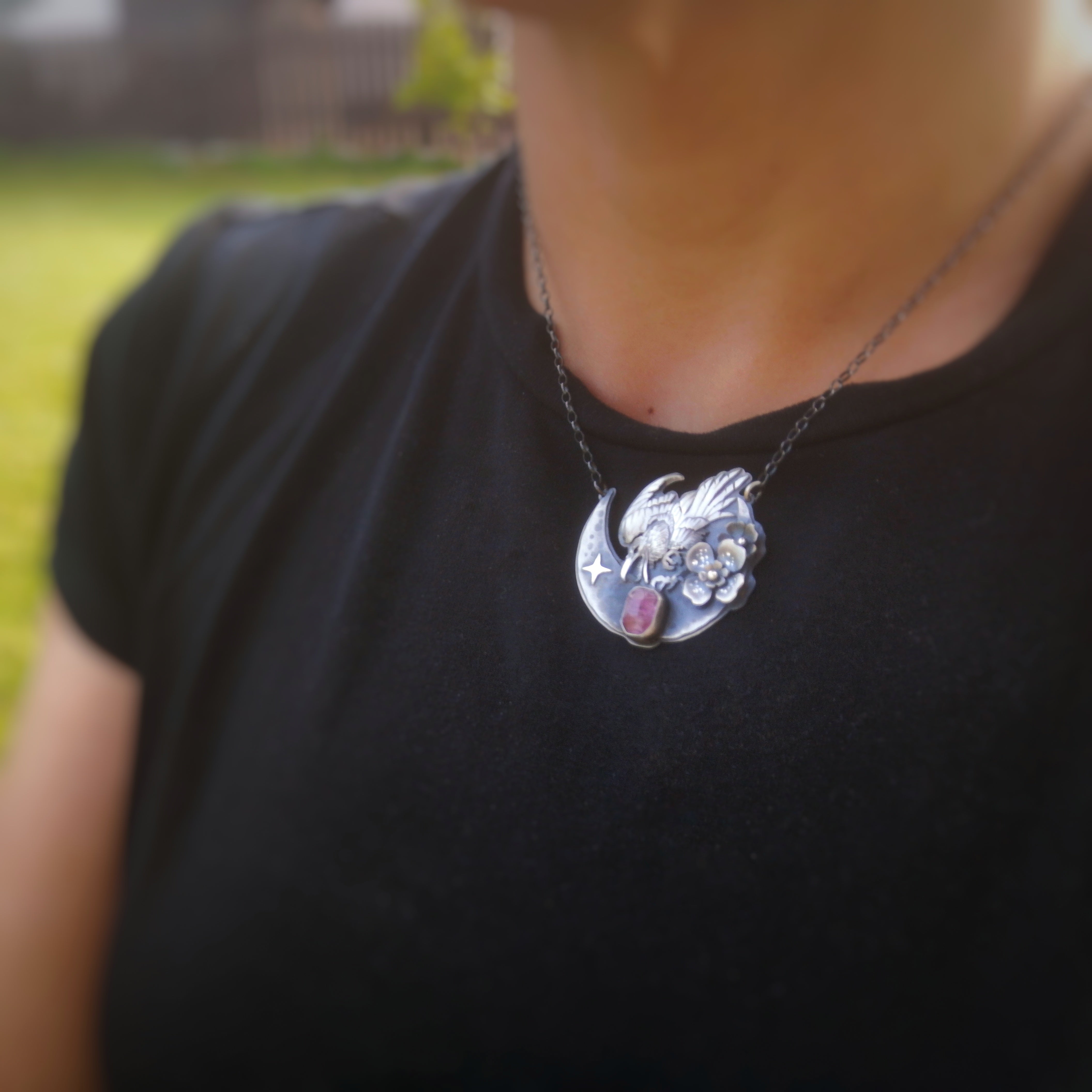 The Moon Raven Necklace with Pink Tourmaline