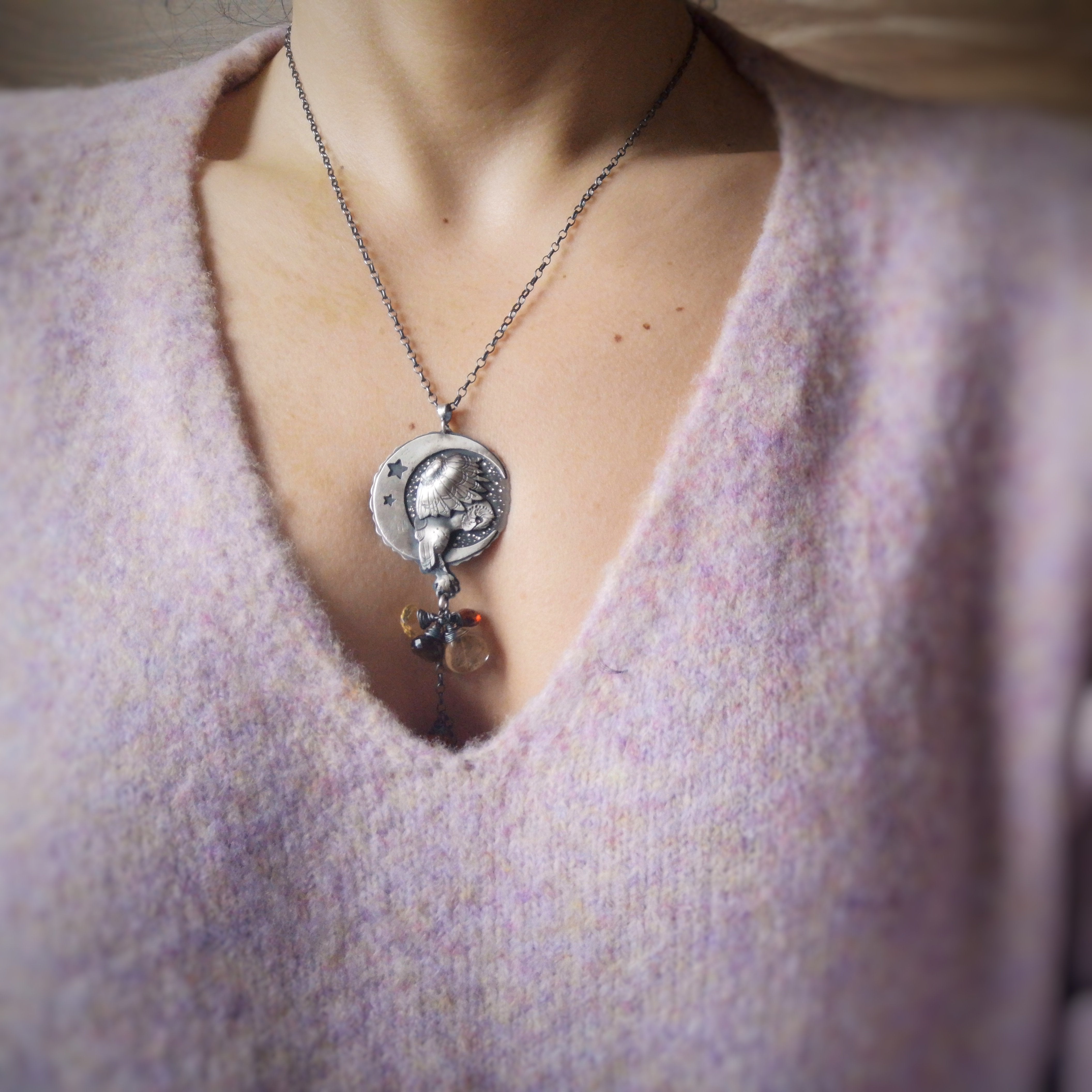The Barn Owl Necklace I - Lariat Multistone Necklace