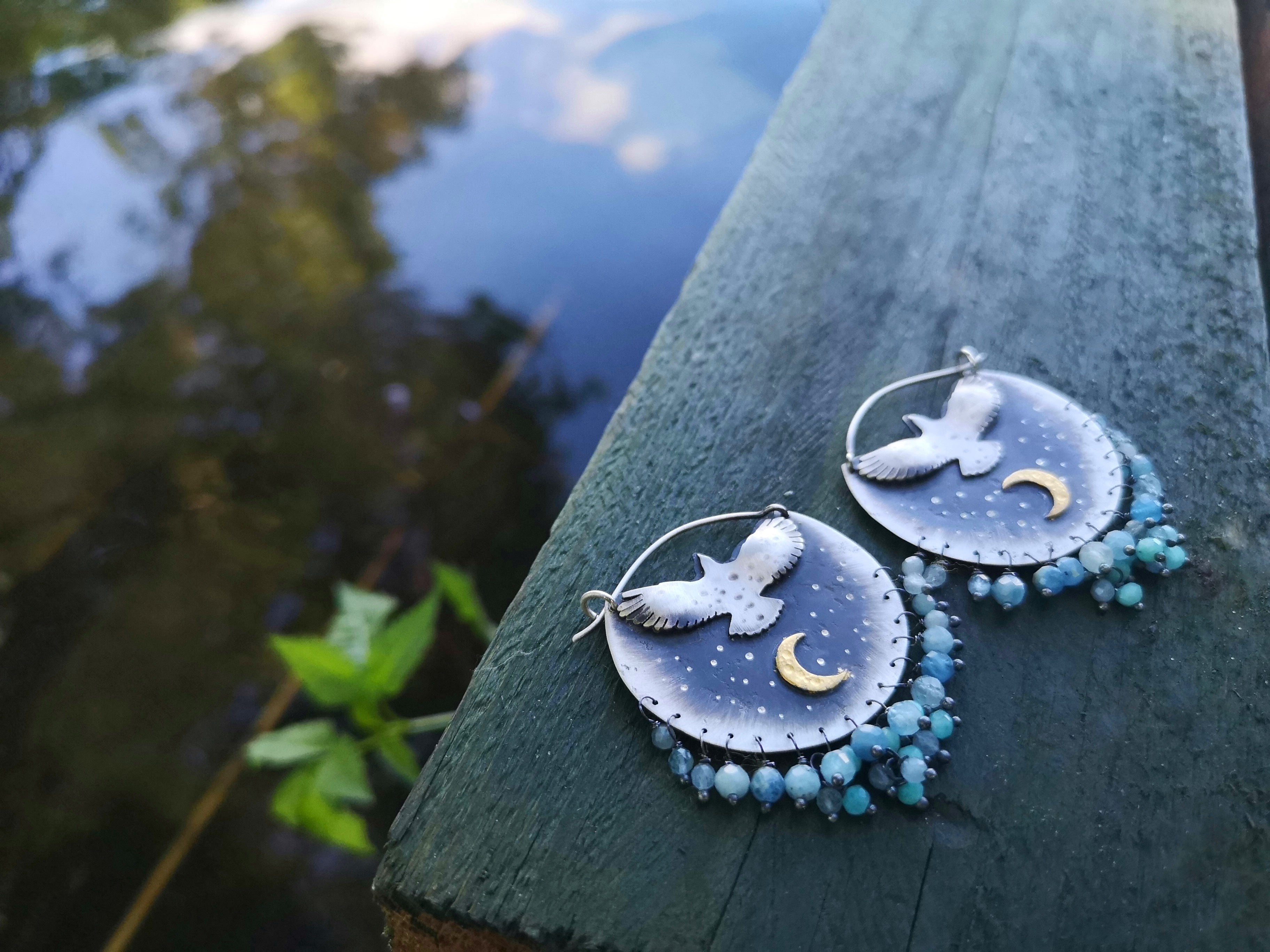 Sacred Wings Earrings- Eagle Keum Boo and Aquamarine Earrings