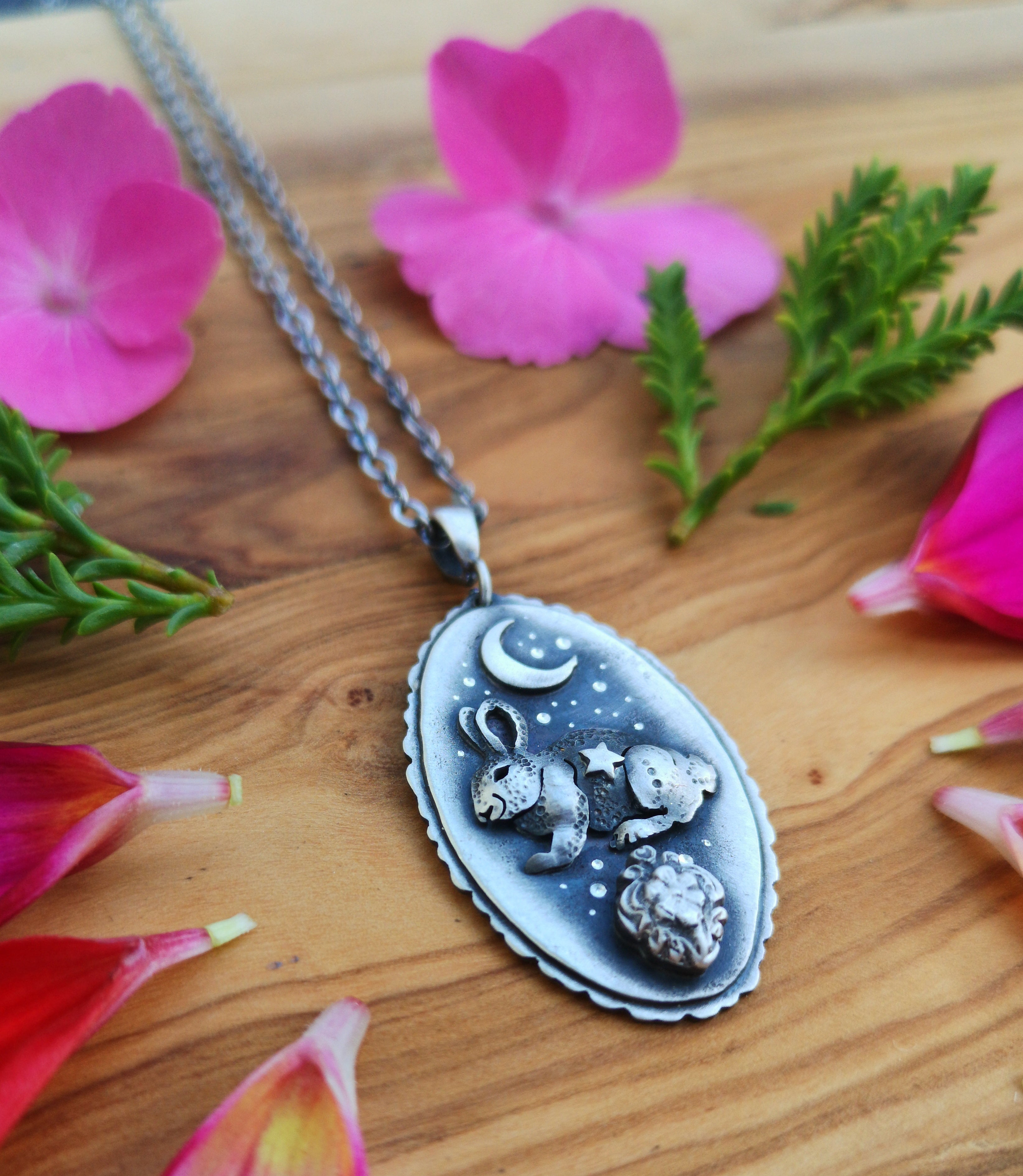 Guardian of the Moon - Silver Rabbit & Moon Necklace