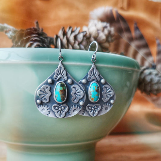 Turquoise Drop Earrings - Stamped Drop Earrings