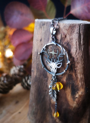 Golden November Necklace - Deer Necklace with Amber