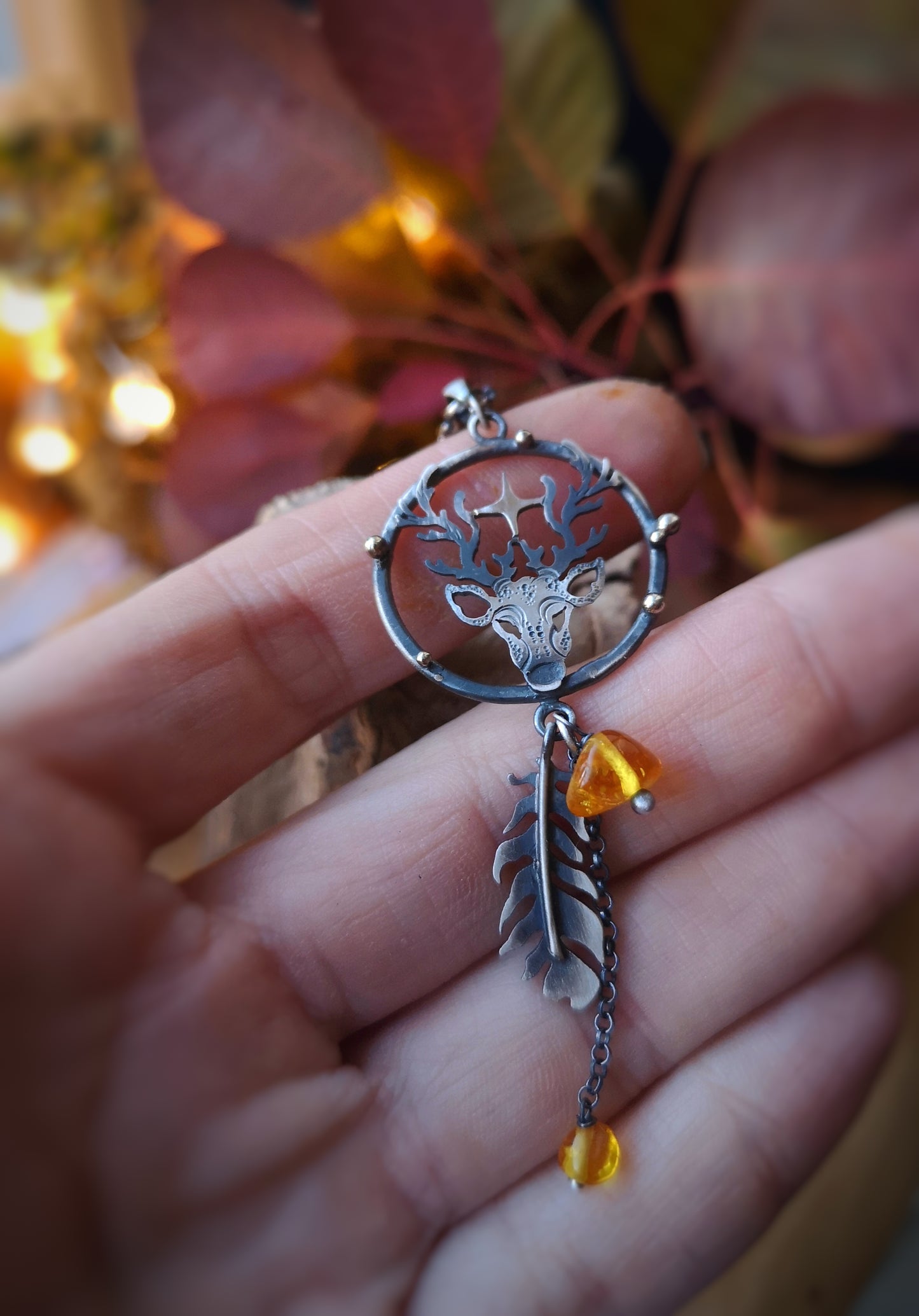 Golden November Necklace - Deer Necklace with Amber