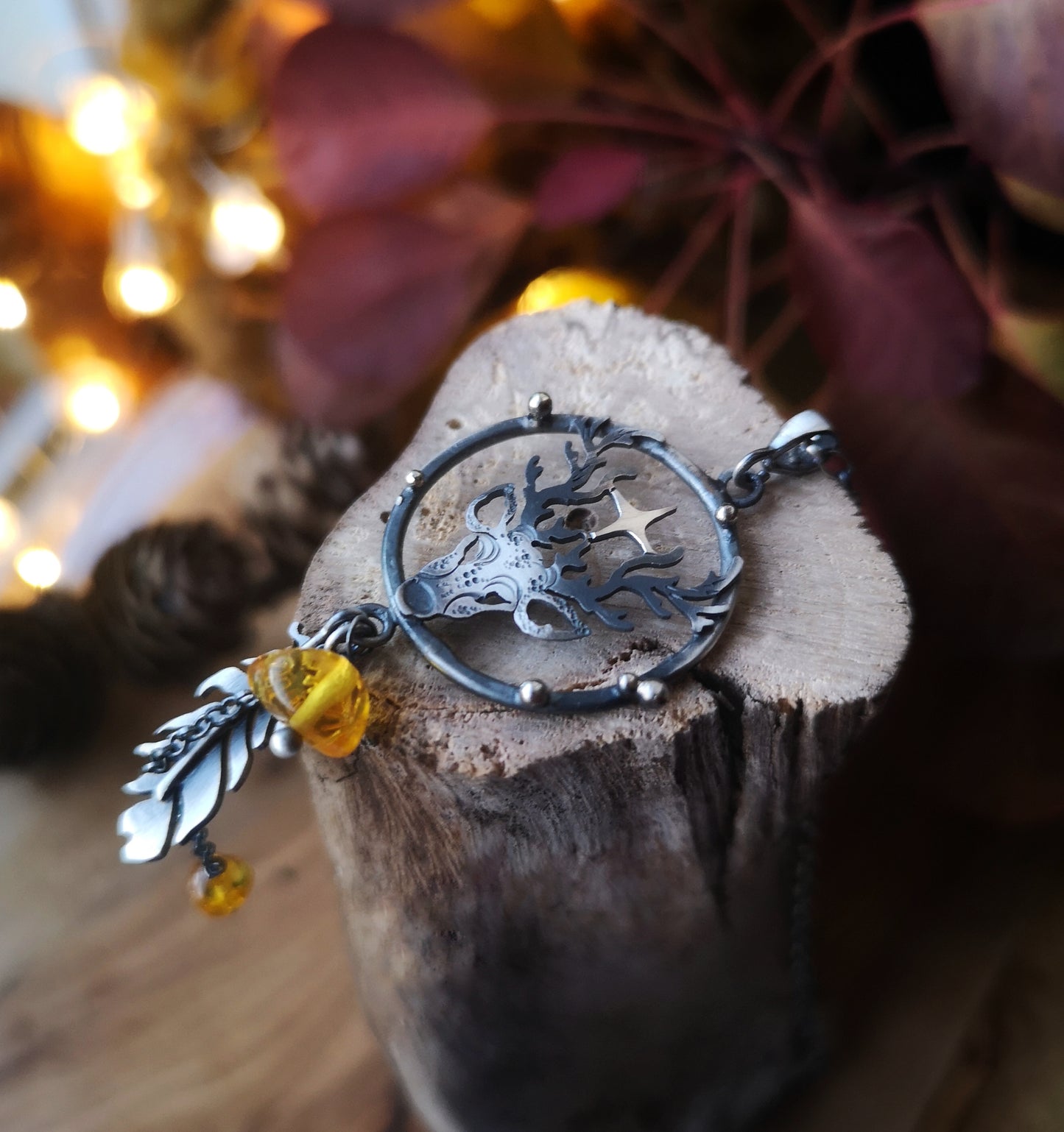 Golden November Necklace - Deer Necklace with Amber