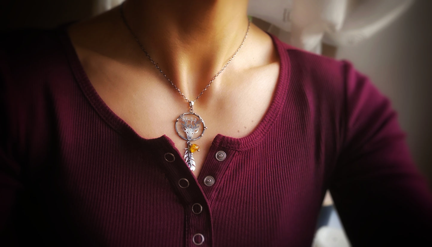 Golden November Necklace - Deer Necklace with Amber