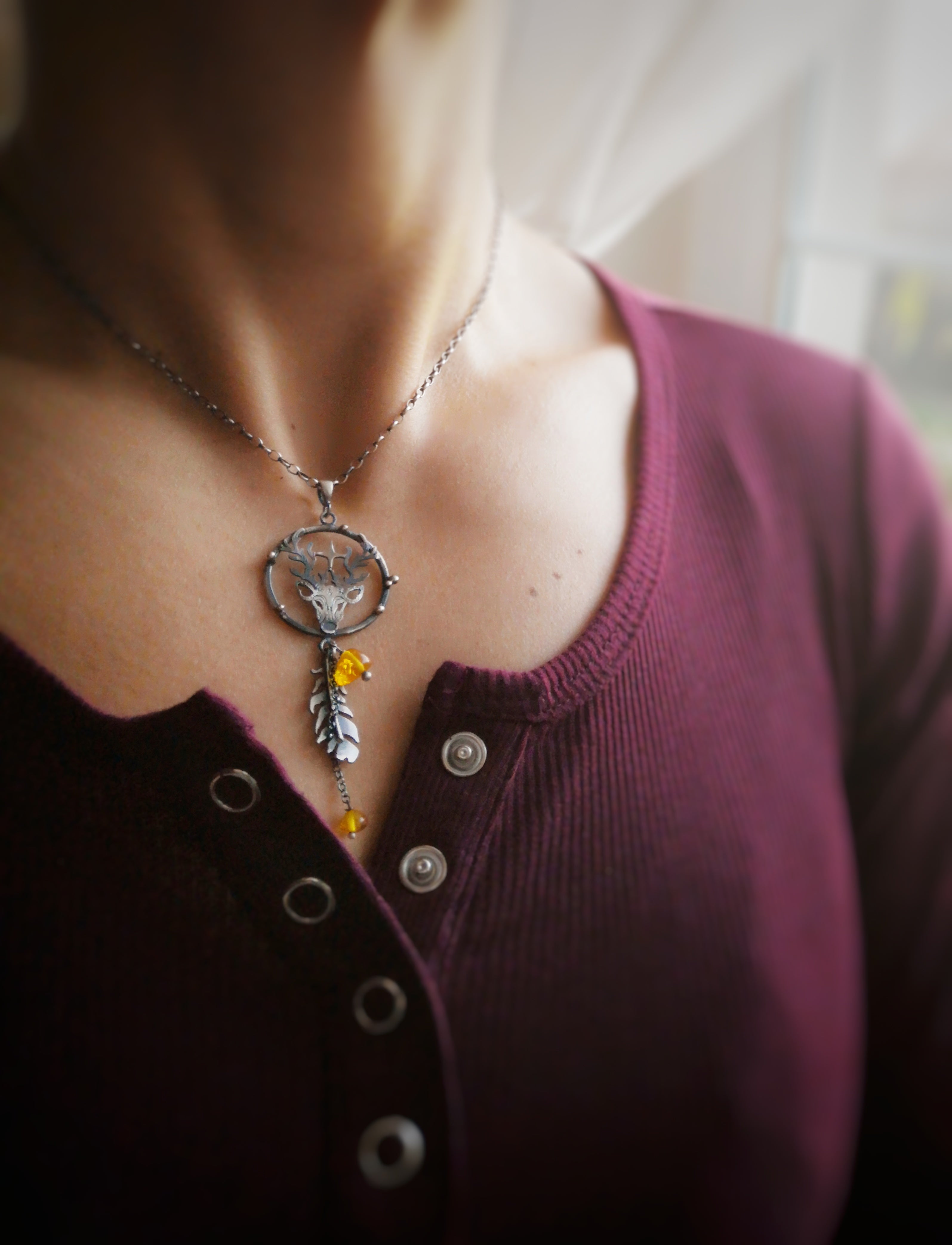Golden November Necklace - Deer Necklace with Amber
