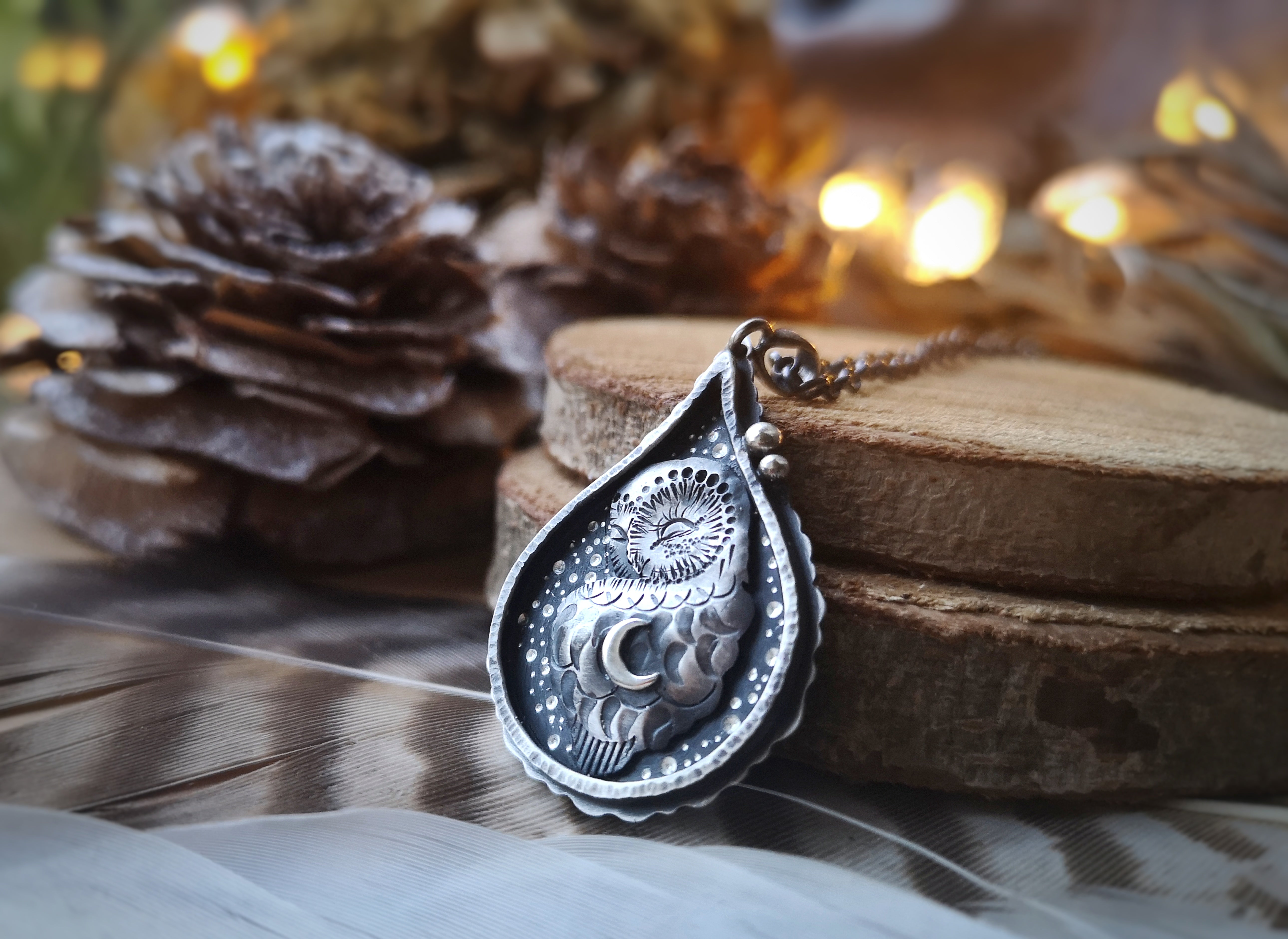 The Sleeping Barn Owl - Drop Shadowbox Necklace