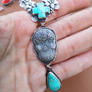 Sugar Skull Necklace -  Turquoise Cross and Royston Drop