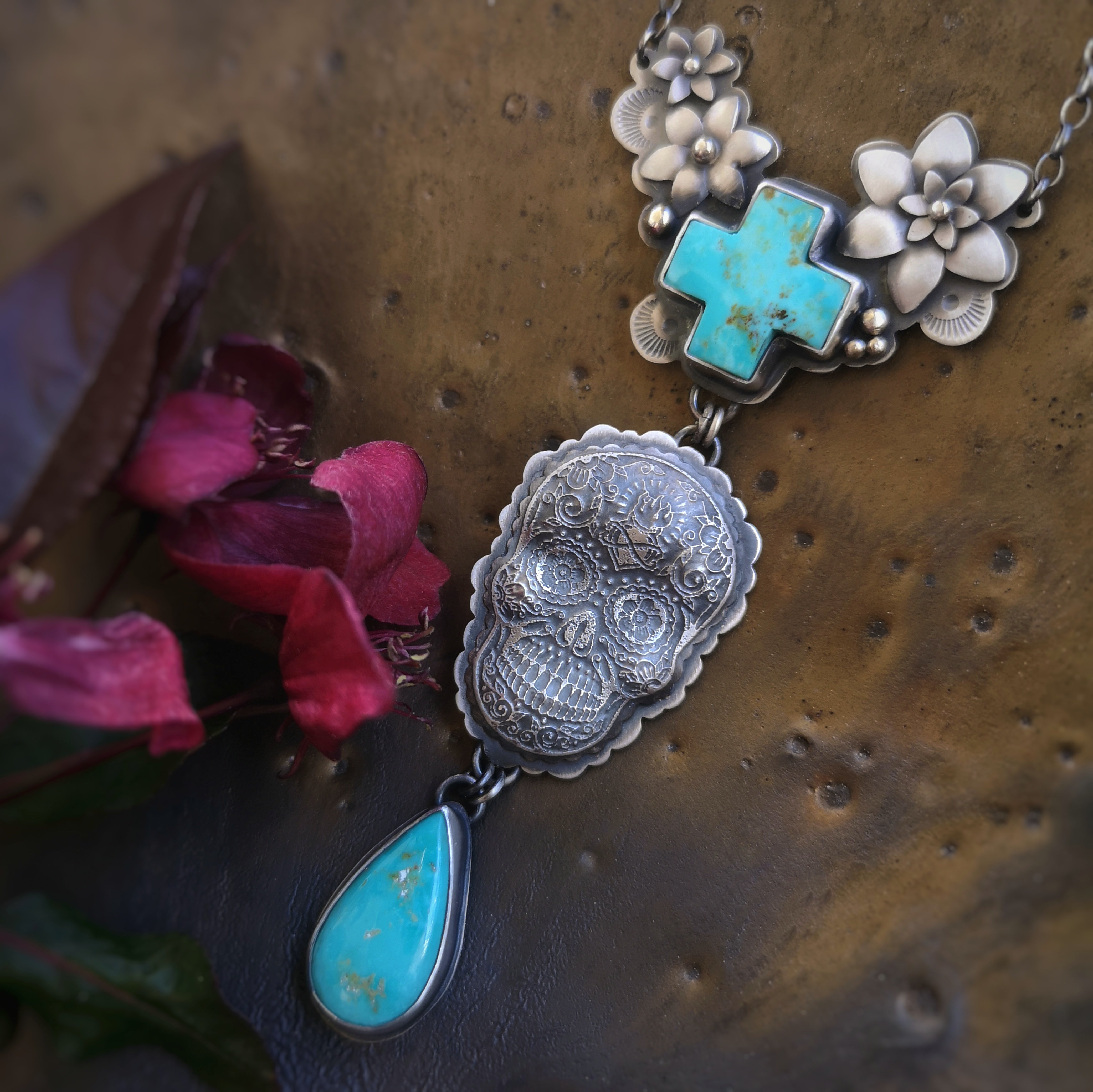 Sugar Skull Necklace -  Turquoise Cross and Royston Drop