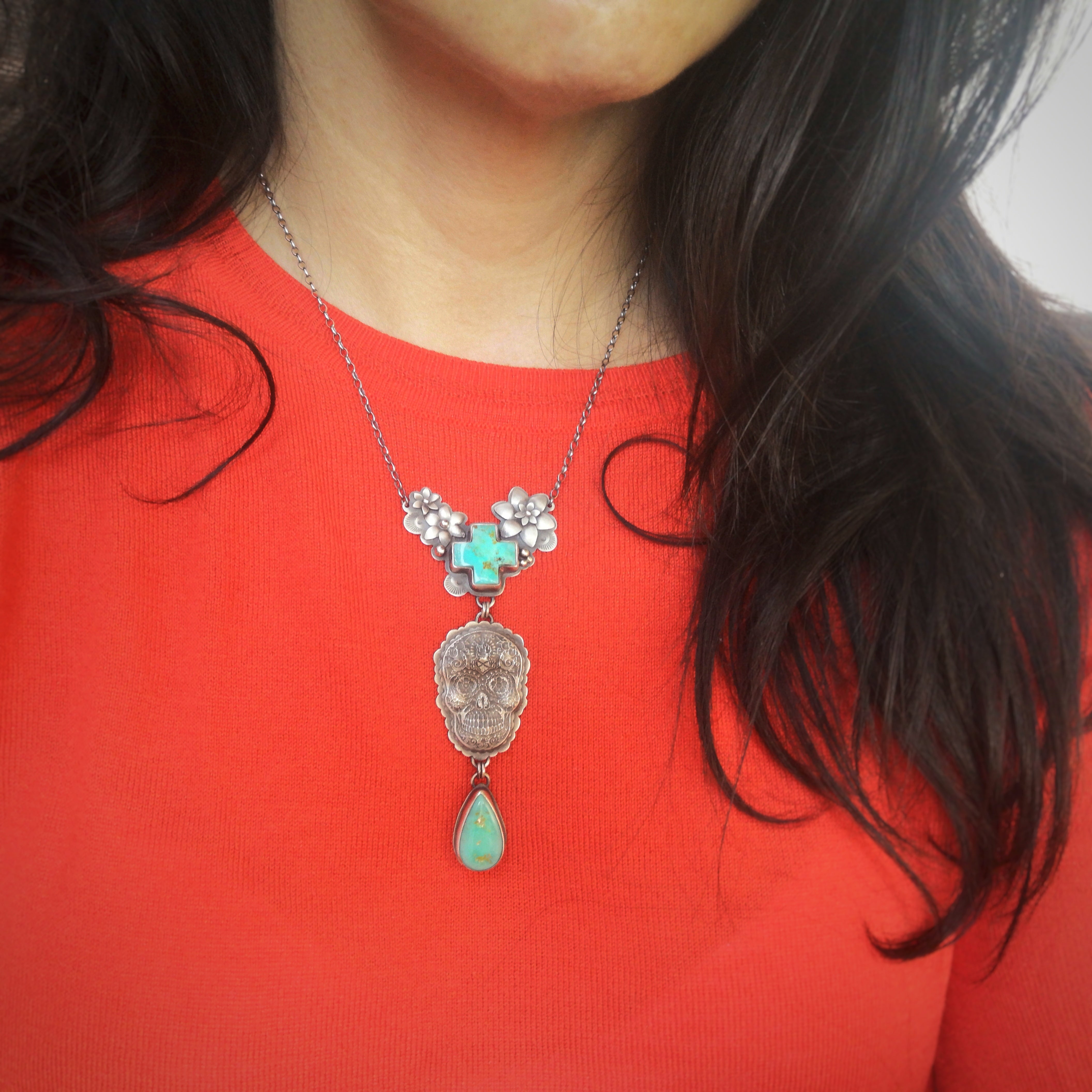 Sugar Skull Necklace -  Turquoise Cross and Royston Drop
