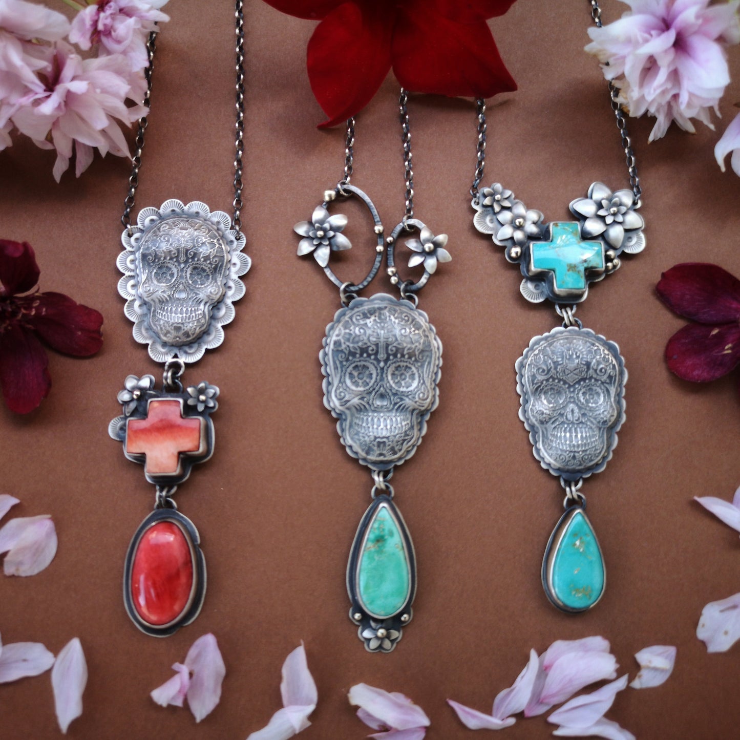 Sugar Skull Necklace -  Turquoise Cross and Royston Drop