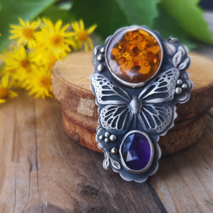 The Monarch Butterfly Necklace with Amber and Amethyst