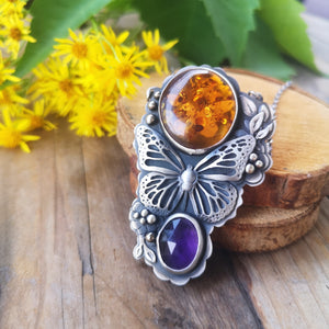 The Monarch Butterfly Necklace with Amber and Amethyst