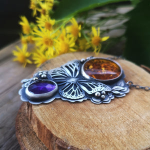 The Monarch Butterfly Necklace with Amber and Amethyst