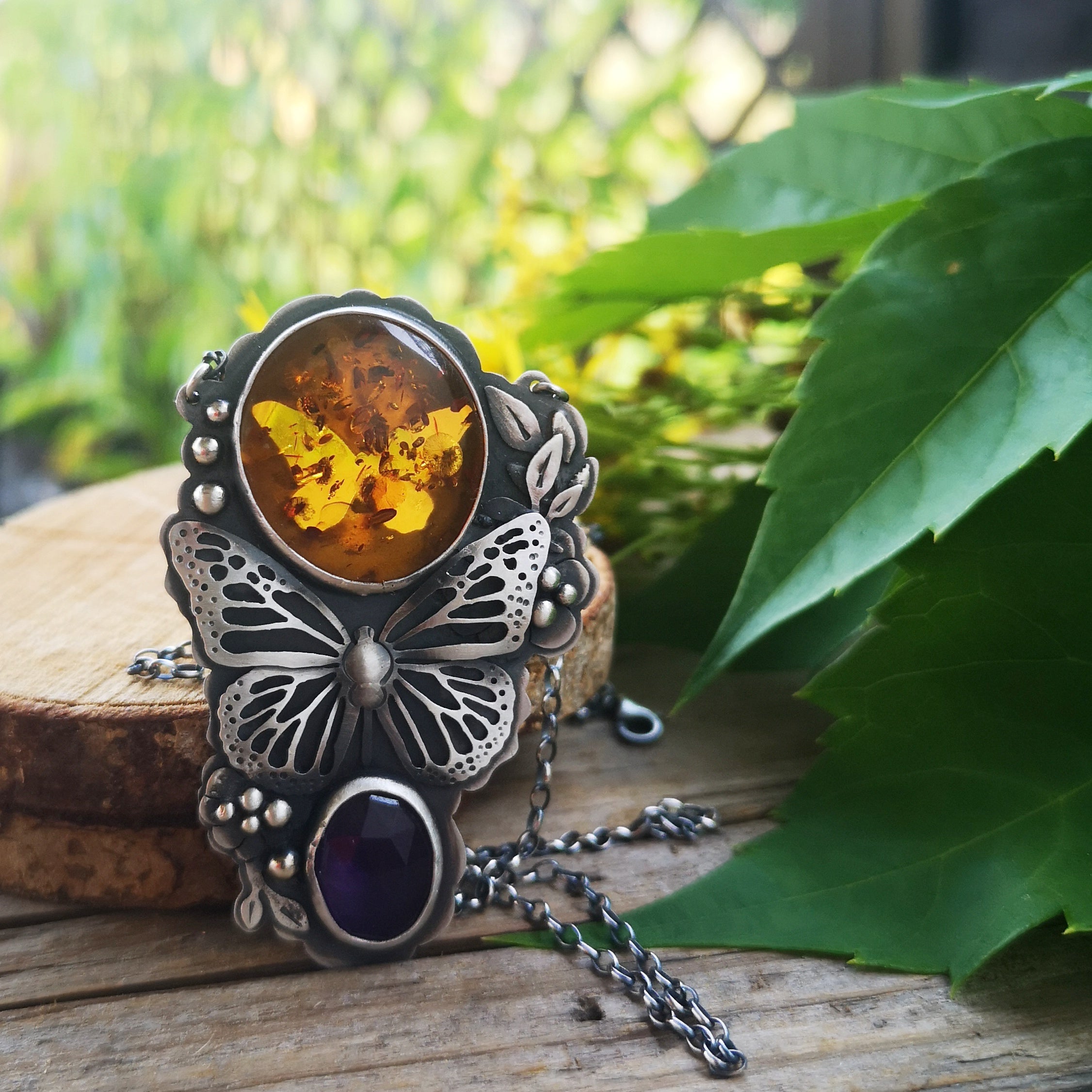 The Monarch Butterfly Necklace with Amber and Amethyst