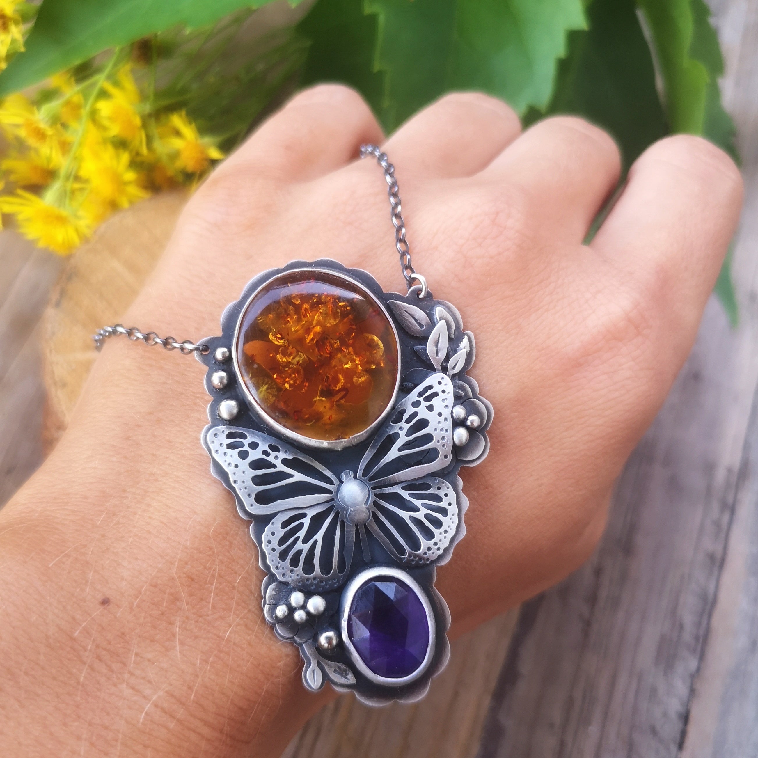 The Monarch Butterfly Necklace with Amber and Amethyst