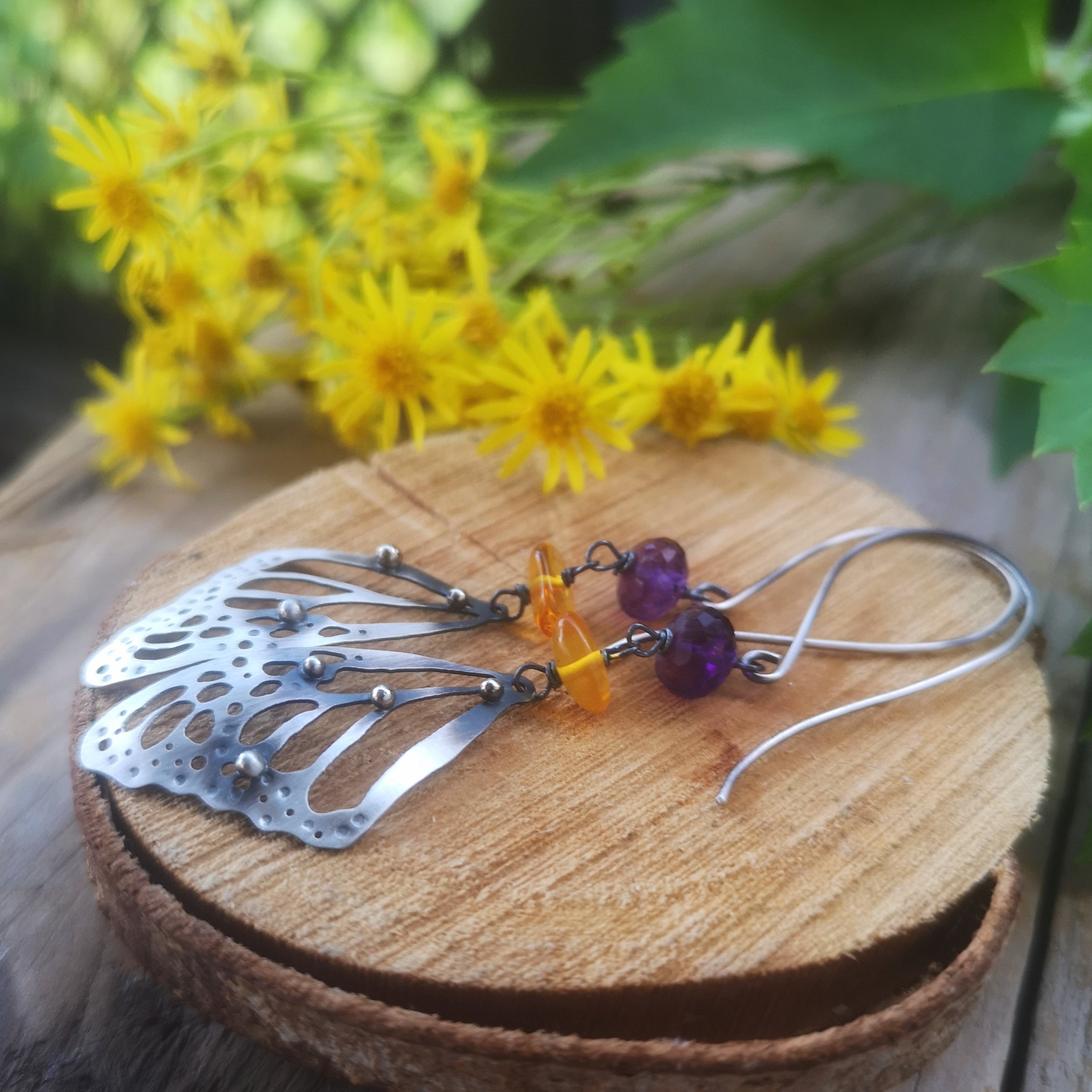 The Monarch Butterfly Earrings with Amber and Amethyst