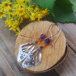 The Monarch Butterfly Earrings with Amber and Amethyst
