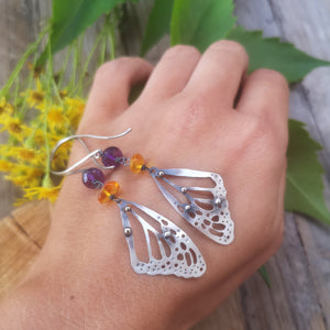 The Monarch Butterfly Earrings with Amber and Amethyst