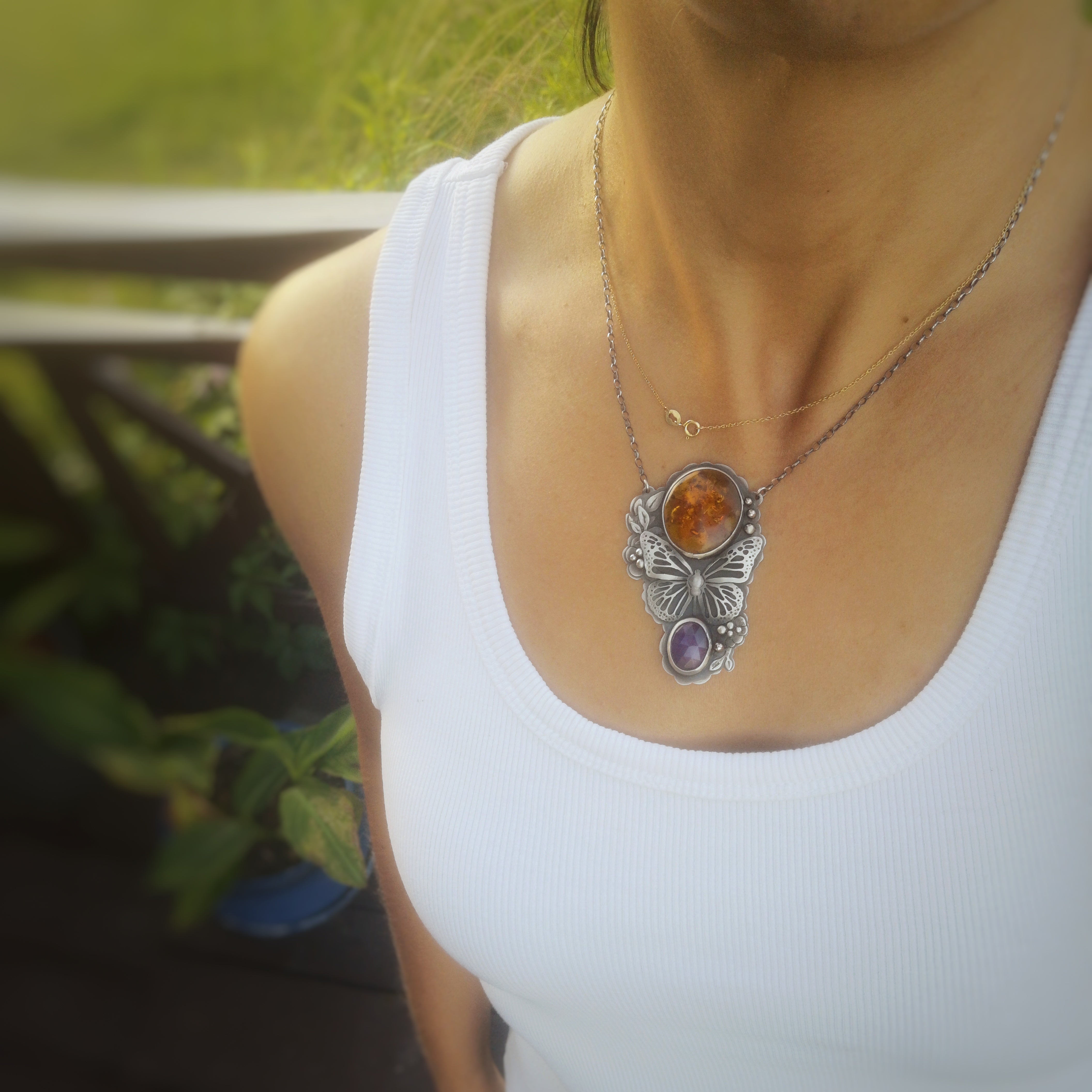 The Monarch Butterfly Necklace with Amber and Amethyst