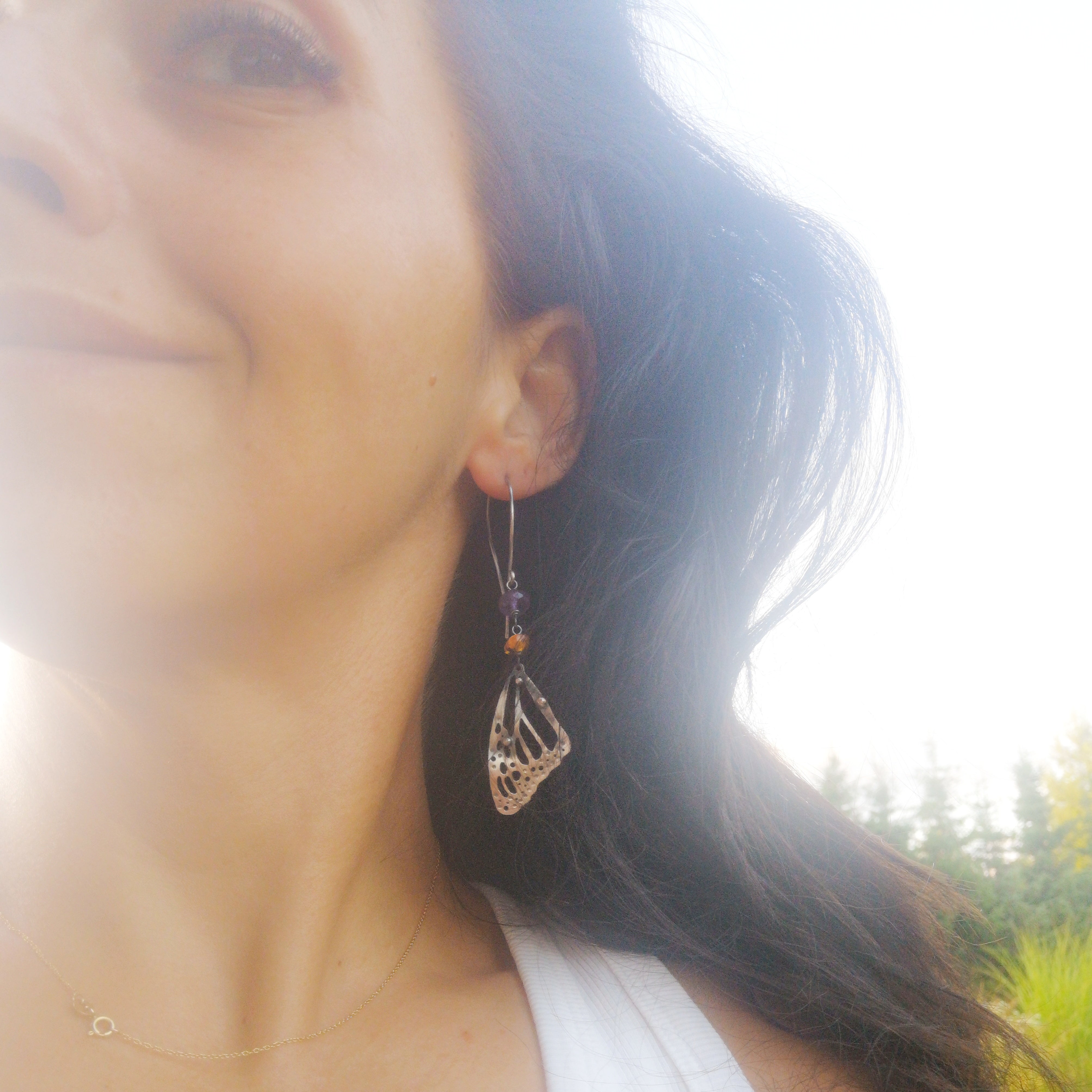 The Monarch Butterfly Earrings with Amber and Amethyst