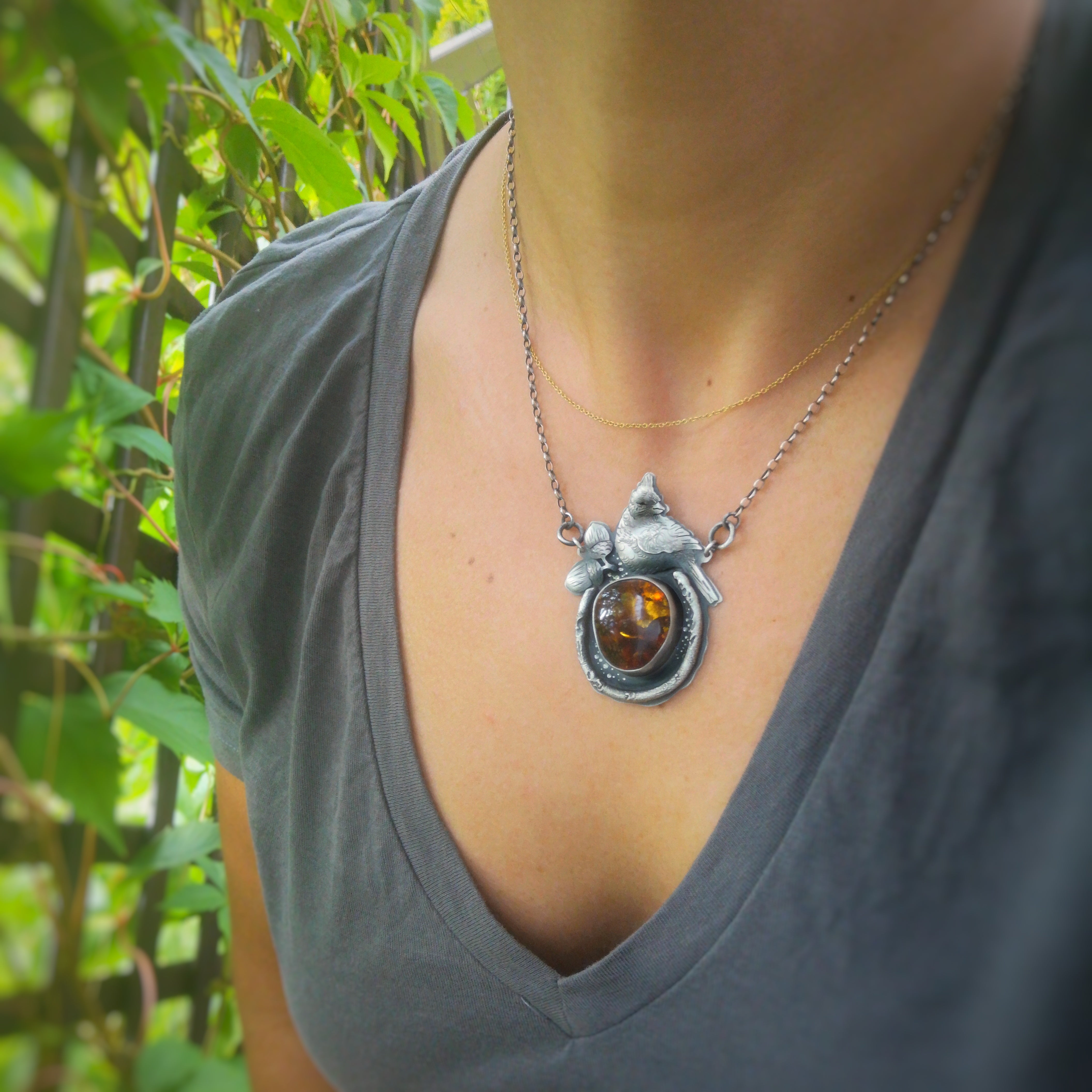 The Red Cardinal Necklace with Baltic Amber