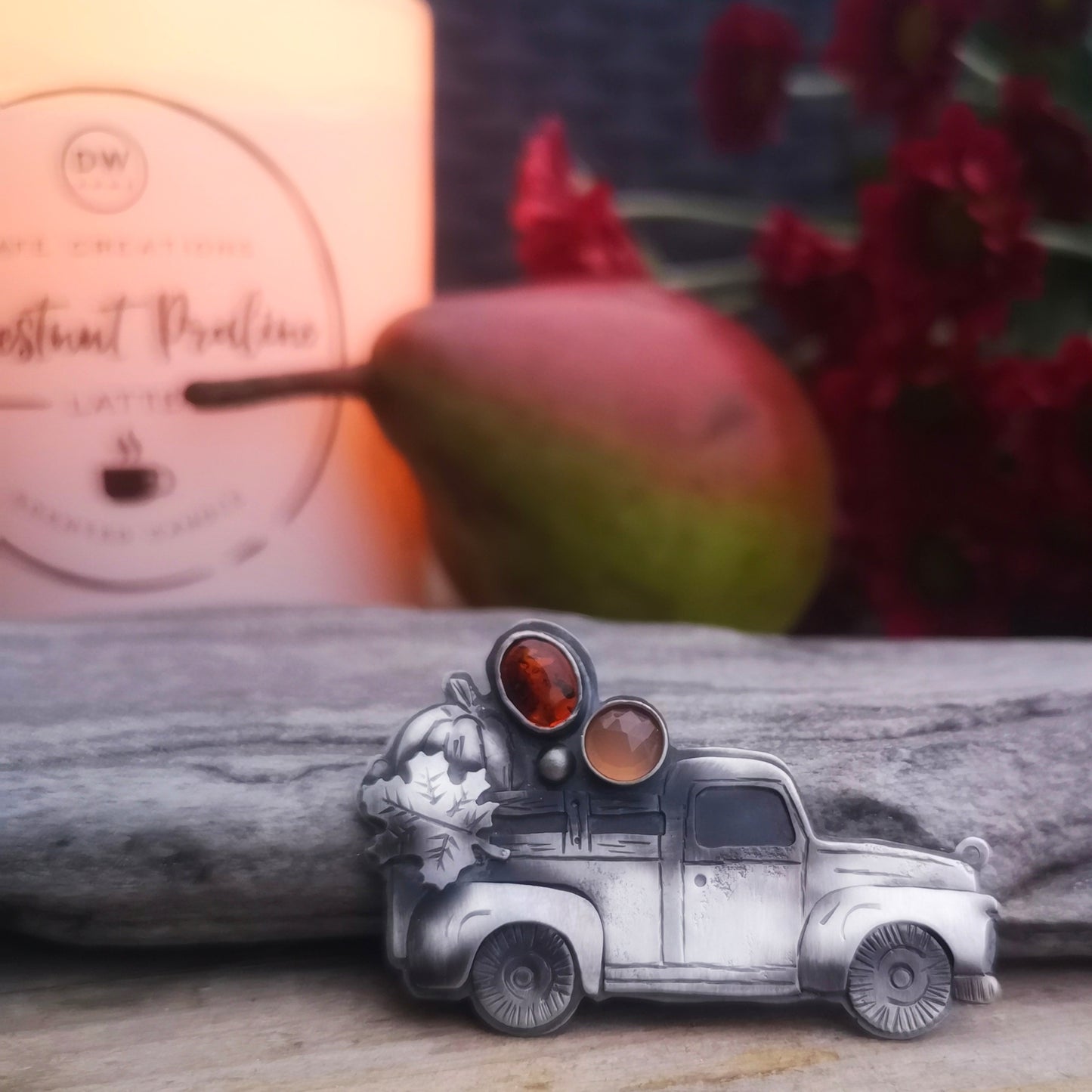 The Harvest Truck Necklace - Peach Moonstone & Amber
