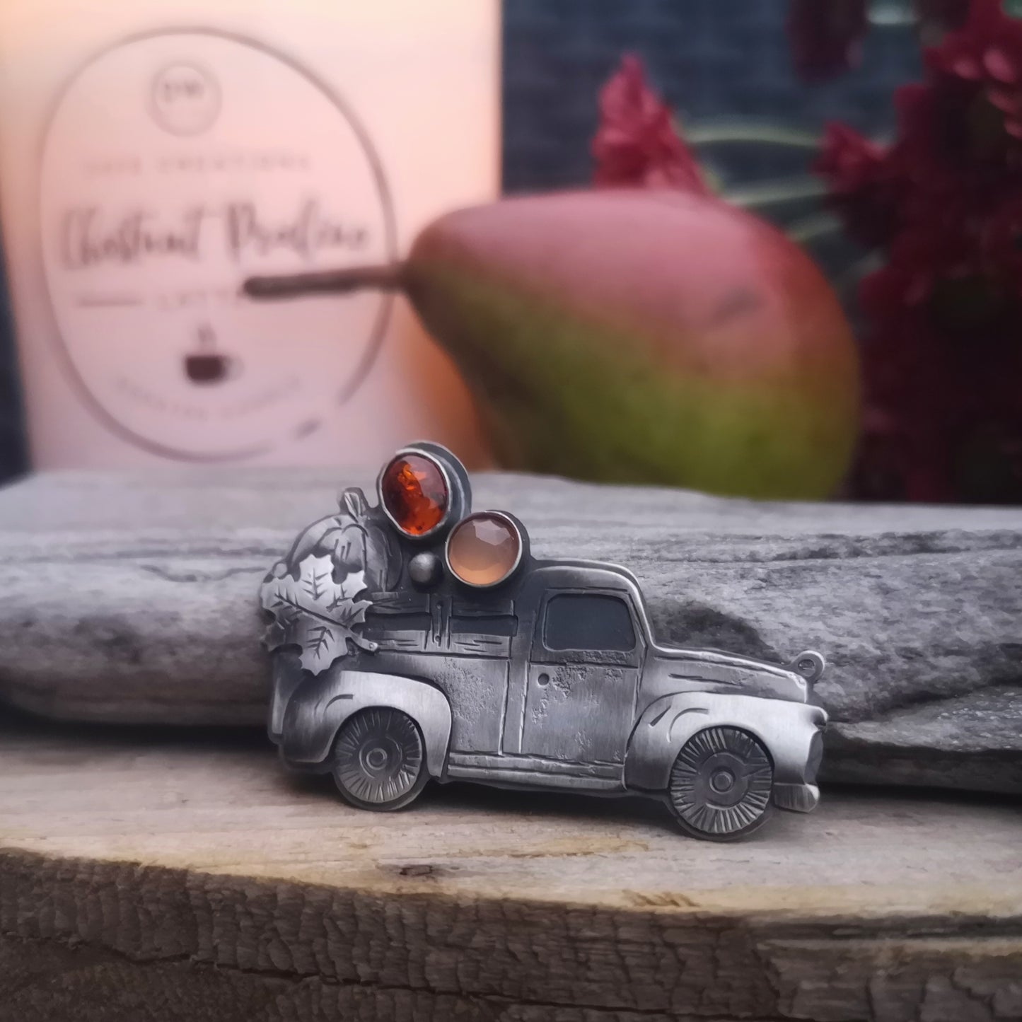 The Harvest Truck Necklace - Peach Moonstone & Amber