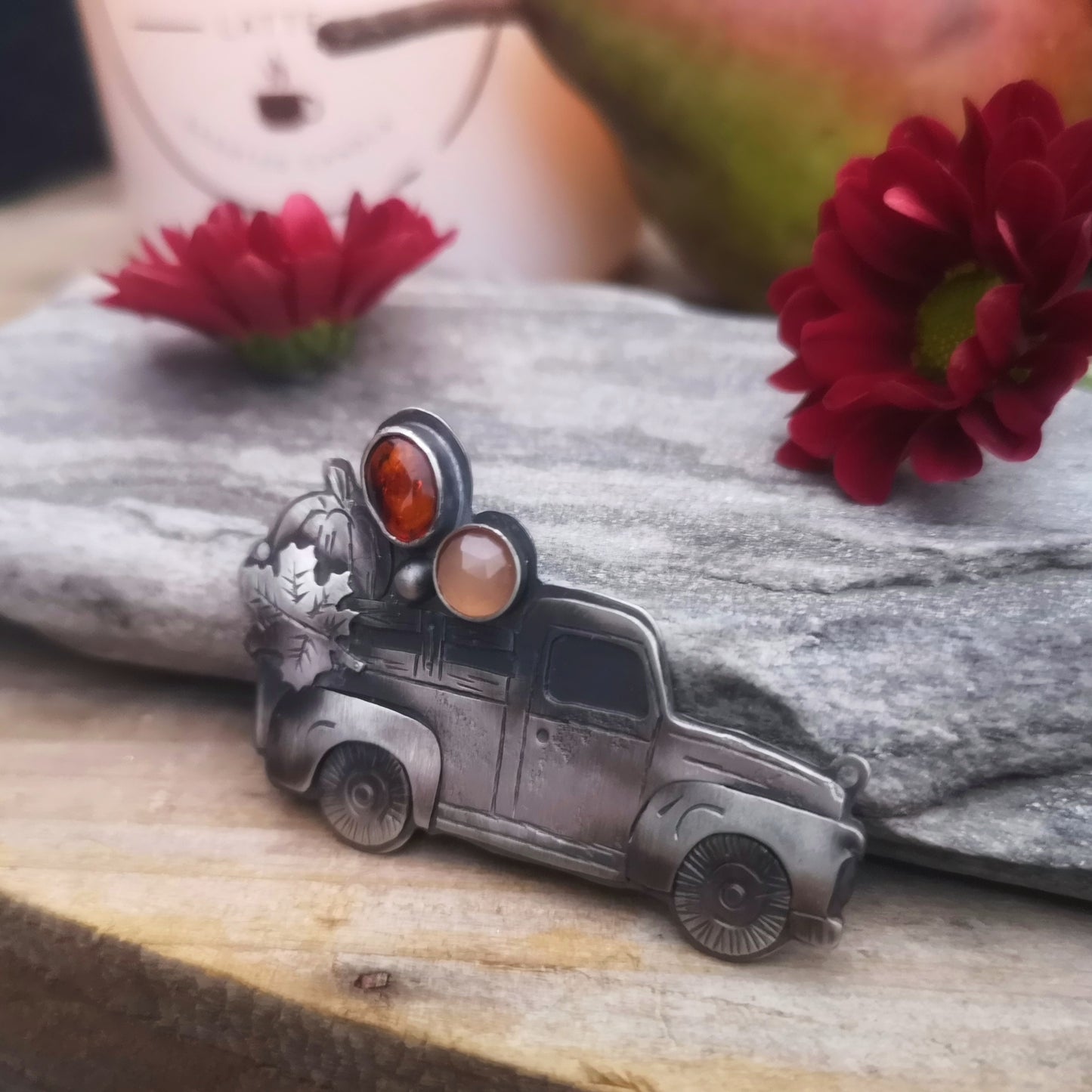 The Harvest Truck Necklace - Peach Moonstone & Amber