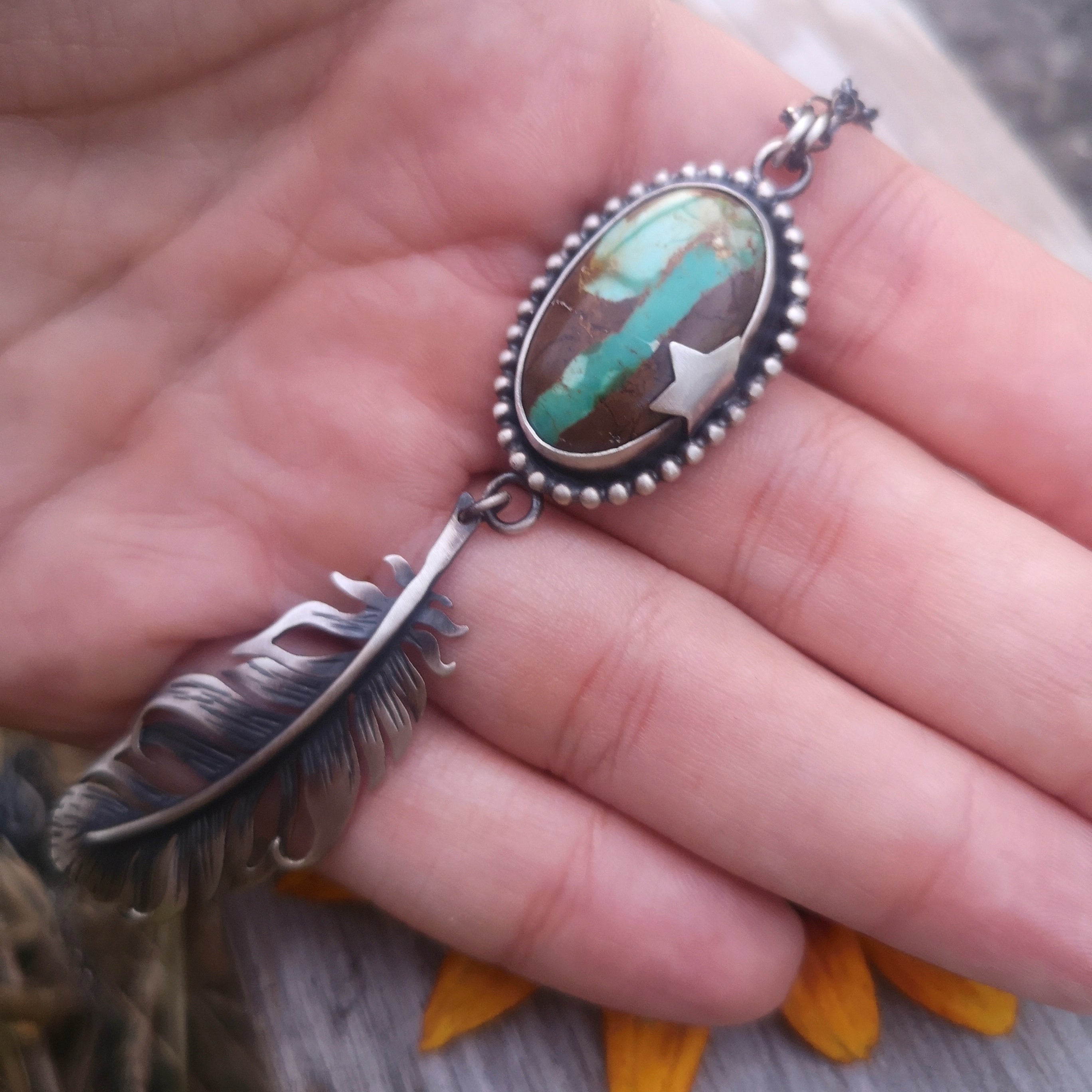The Royston Ribbon Turquoise & Feather Necklace