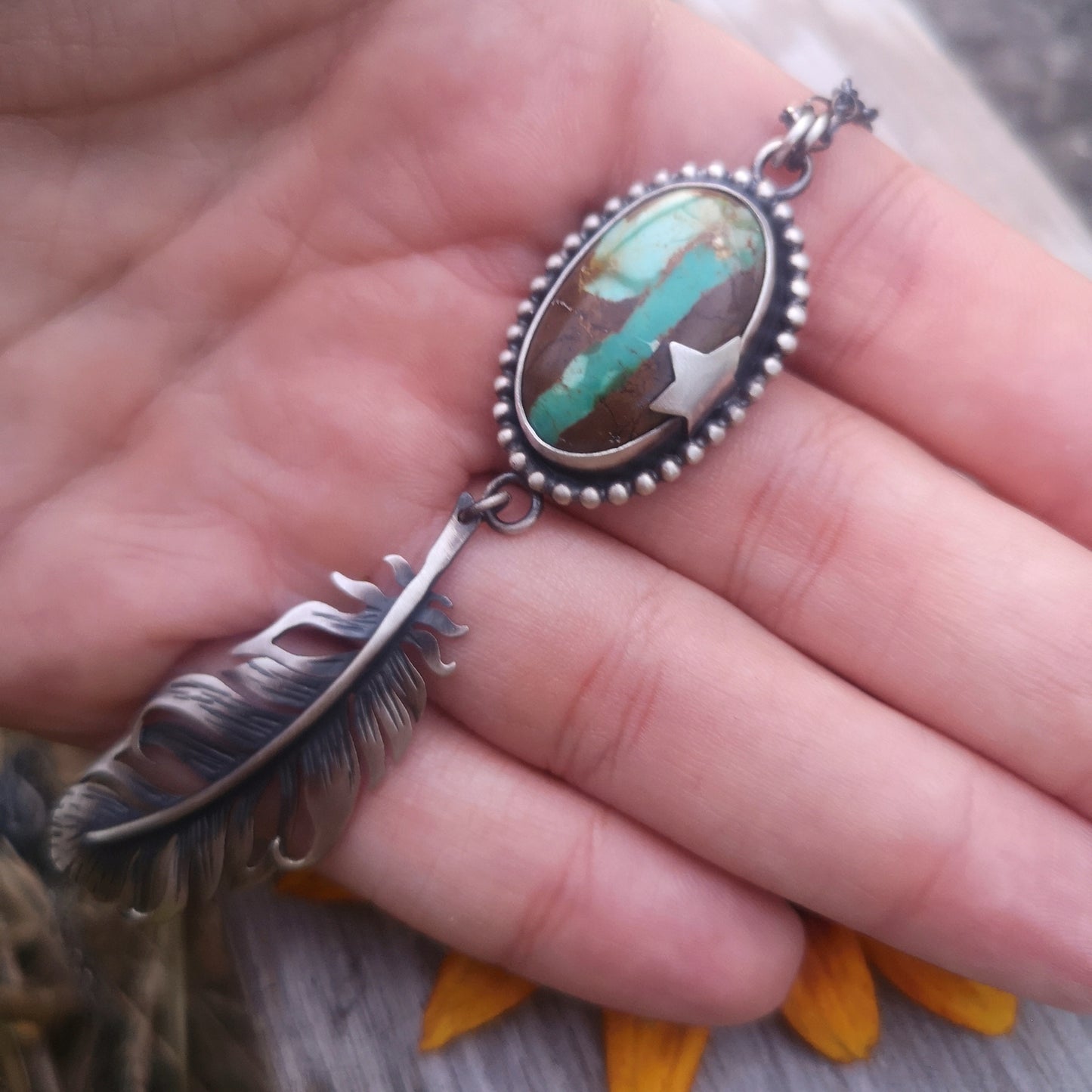 The Royston Ribbon Turquoise & Feather Necklace
