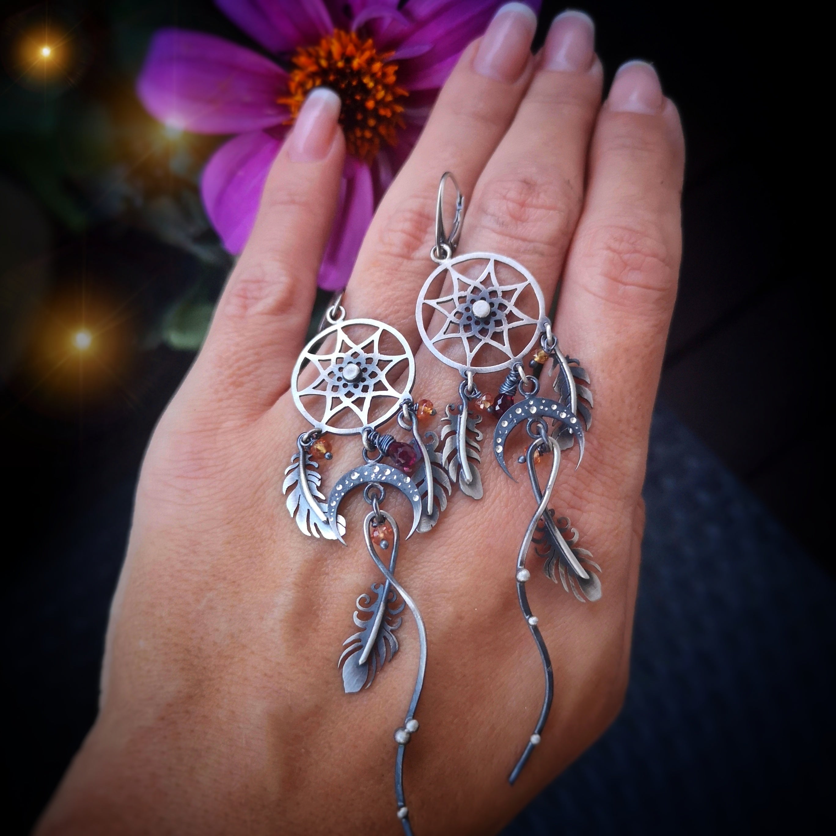The Dreamcatcher Earrings with Sapphire & Garnet