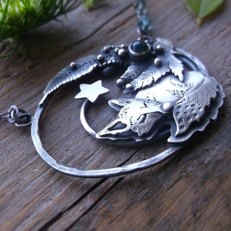 The Sleepig Fox Necklace - Fern, Green Tourmaline and Fluorite