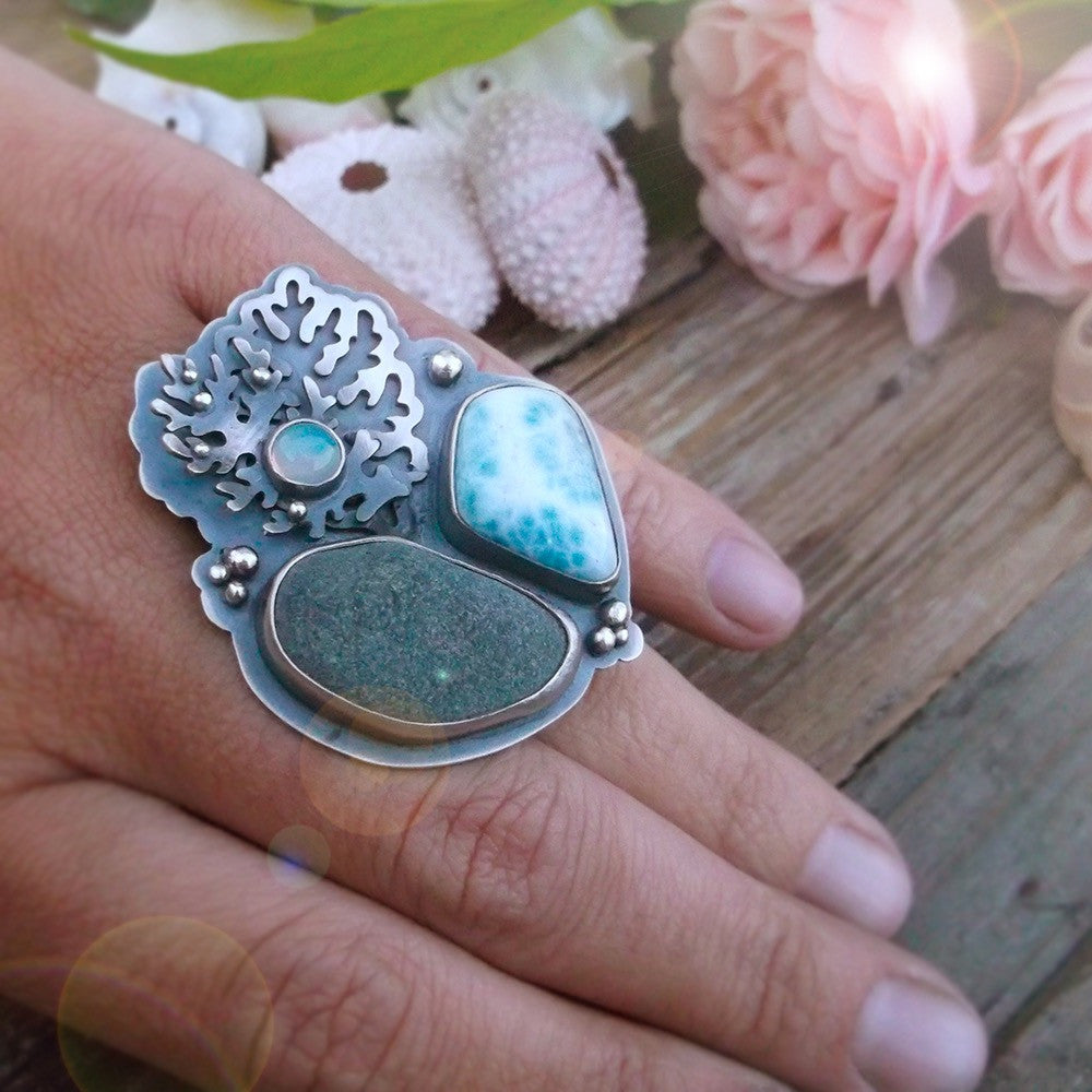 Morning Sea Ring - Larimar, Scottisch River Rock and Ethiopian Opal