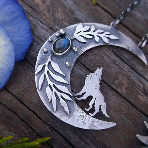 Moonchild Wolf Necklace-Totem Moon and Labradorite Necklace