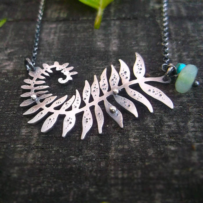 Glowing Fern - Fern Necklace with Chrysoprase and Turquoise