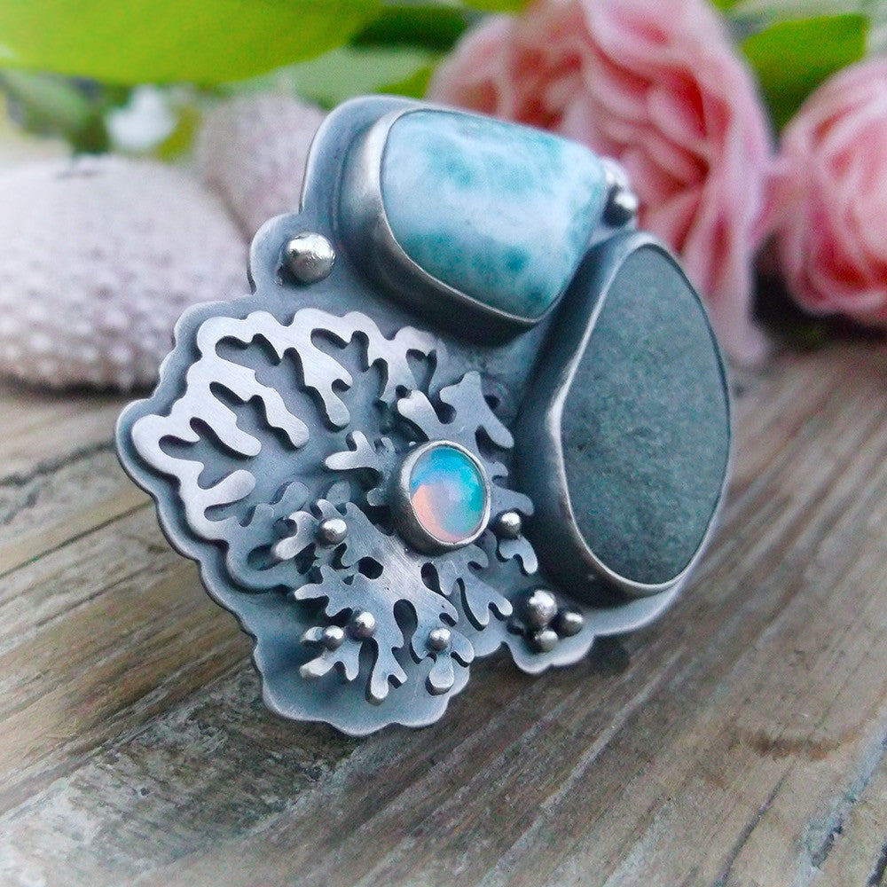 Morning Sea Ring - Larimar, Scottisch River Rock and Ethiopian Opal