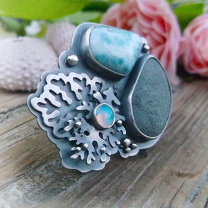 Morning Sea Ring - Larimar, Scottisch River Rock and Ethiopian Opal