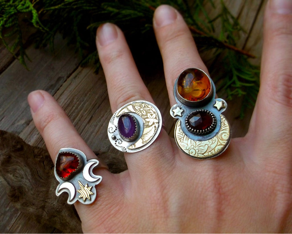 Winter Moon Ring - Mixed Metal Ring with Amber & Rhodolite