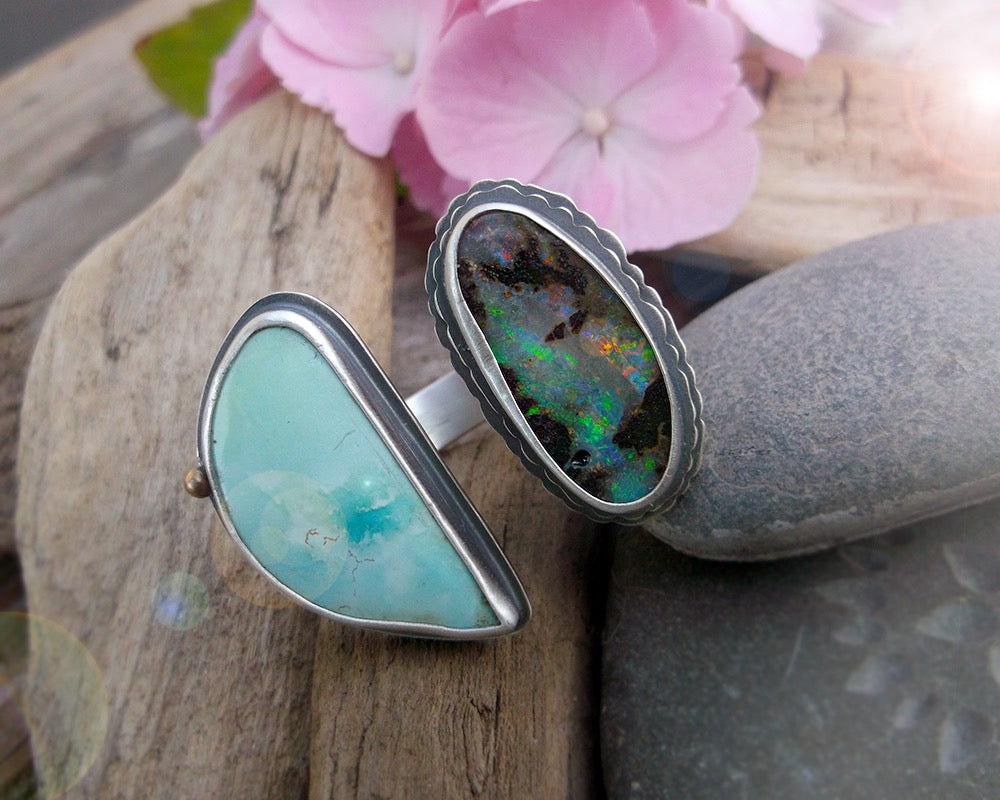 Tide Pool Ring - Australian Opal and Blue Ridge Lightening Turquoise with 18K gold Accent