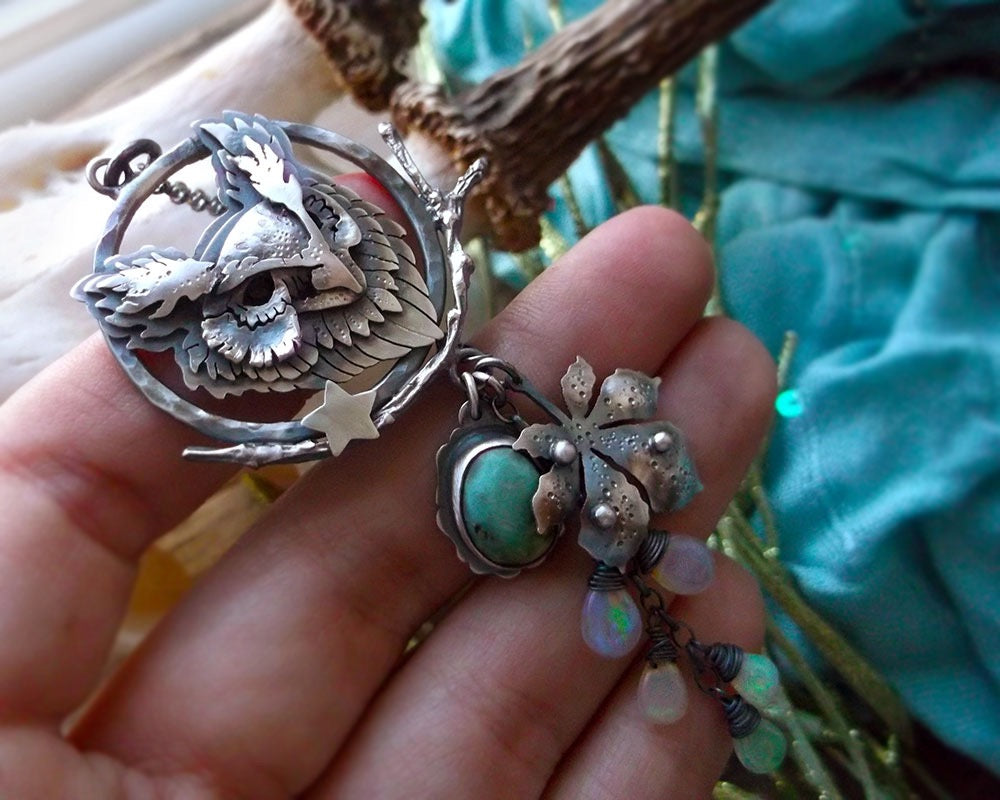 The Owl Necklace - Silver Opal & Turquoise Necklace
