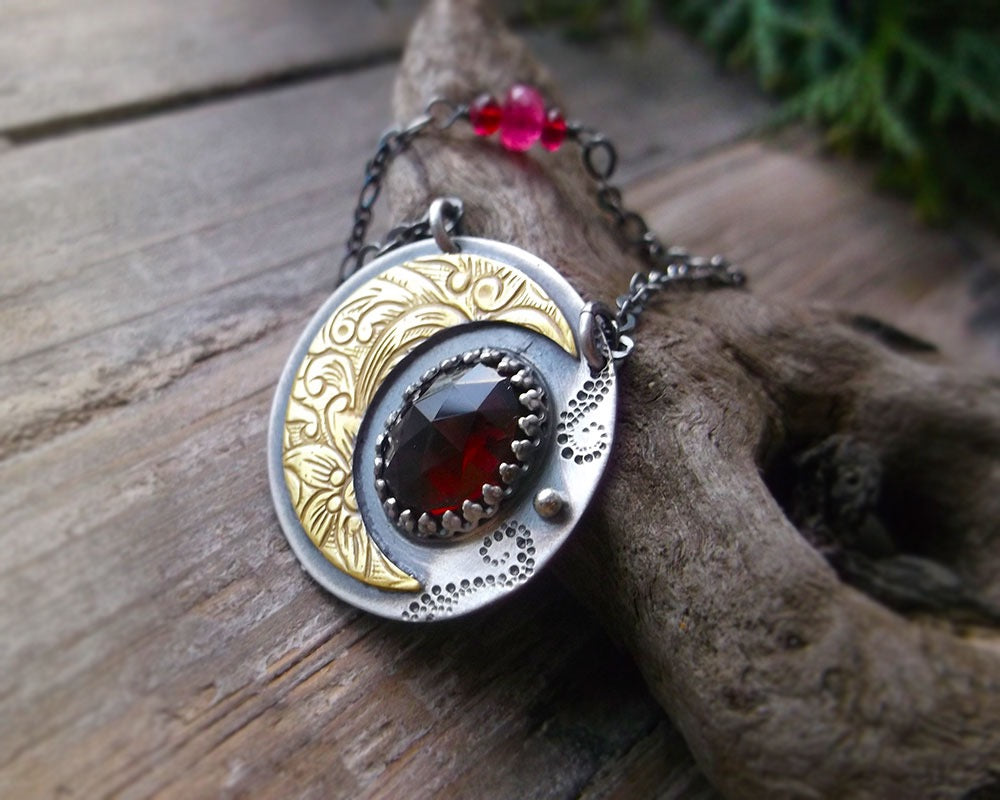 Winter Moon Necklace - Mixed Metal Necklace with Rhodolite