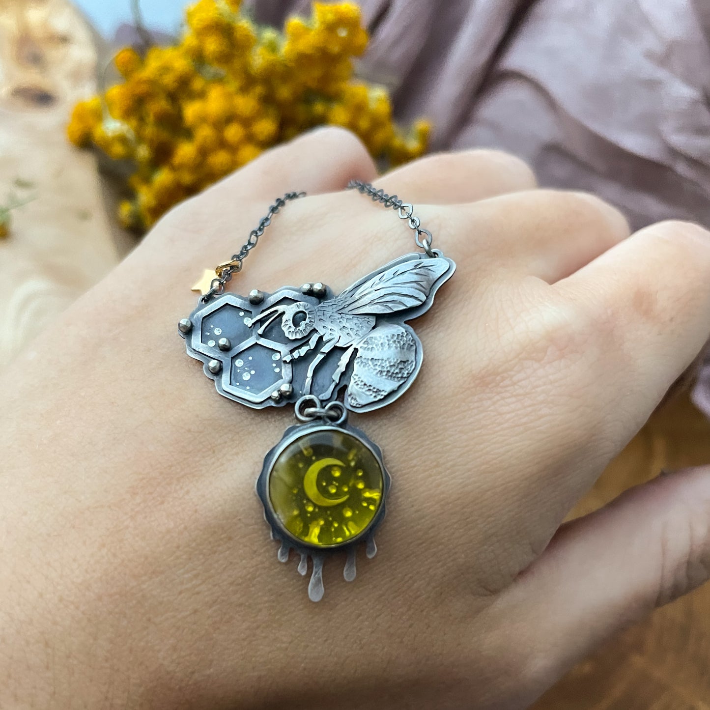 The Night Bee Necklace with Baltic Amber